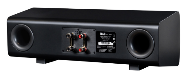 Schwarze Lautsprecher-Rückseite mit ELAC-Logo, Anschlüssen und Modellinfo. Zwei kreisförmige Ports und zwei Standfüße.