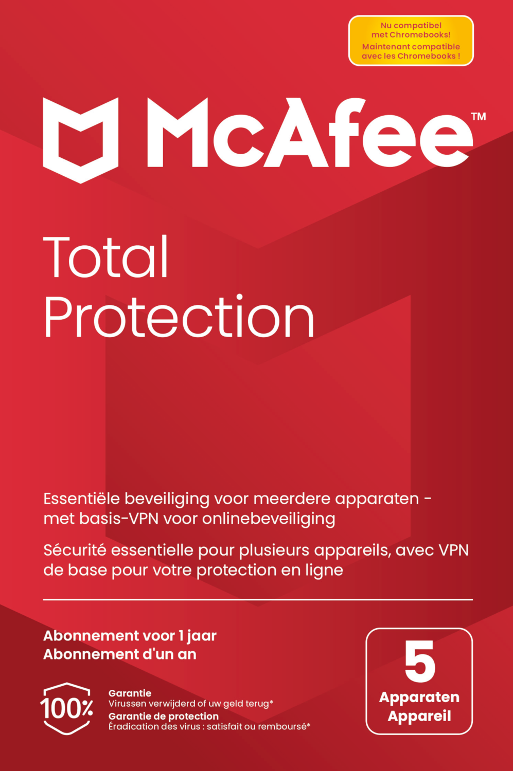 Boîte rouge McAfee Total Protection. Elle contient du texte et un logo McAfee blanc. Le fond est rouge.