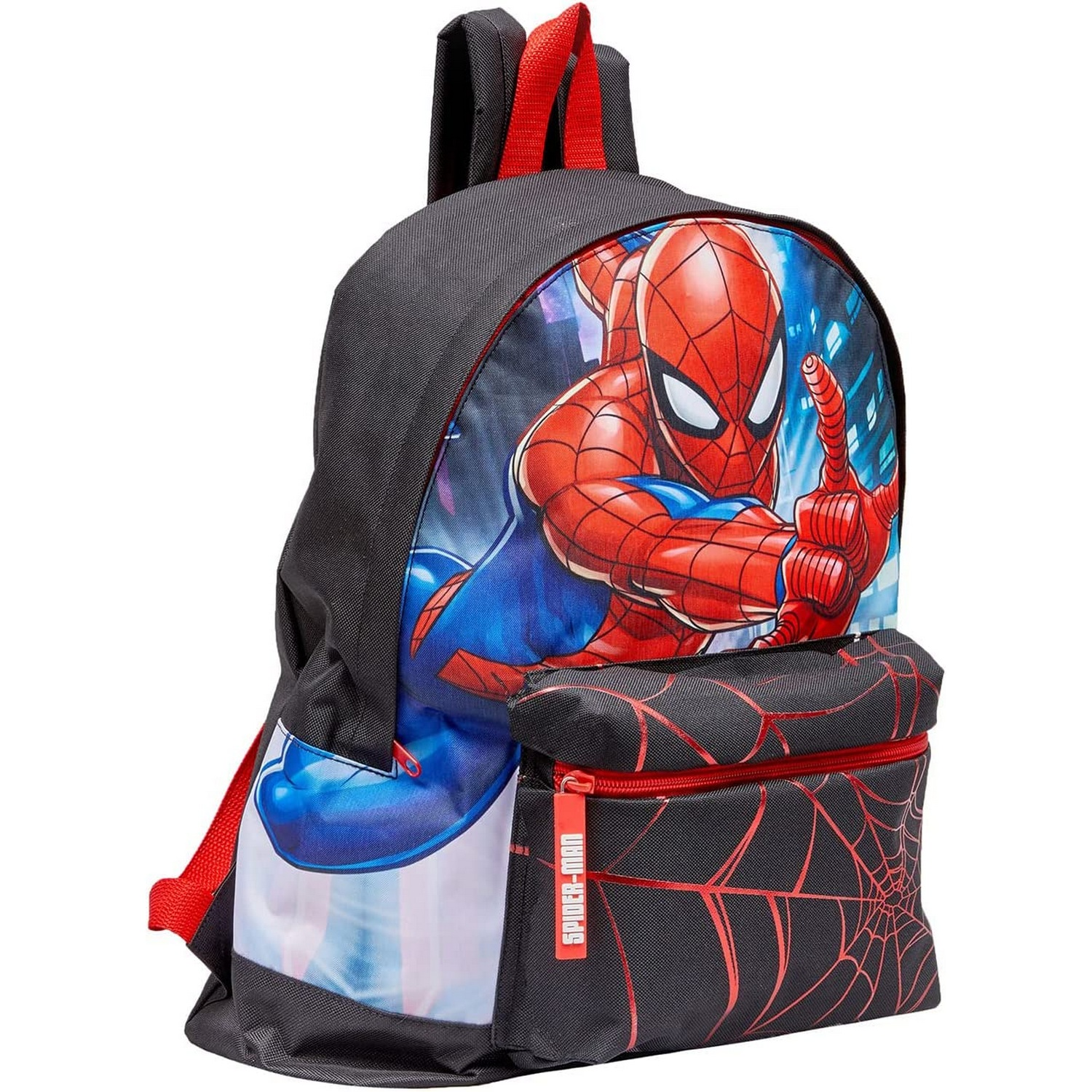 Una mochila negra con un gráfico de Spider-Man en la parte delantera y correas rojas.