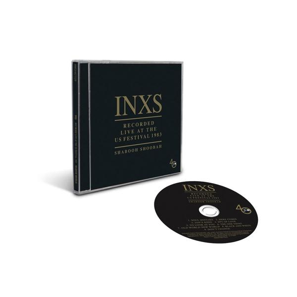INXS CD borító. Egy fekete doboz szöveggel és egy CD-vel. Fehér háttér és egy fekete CD.
