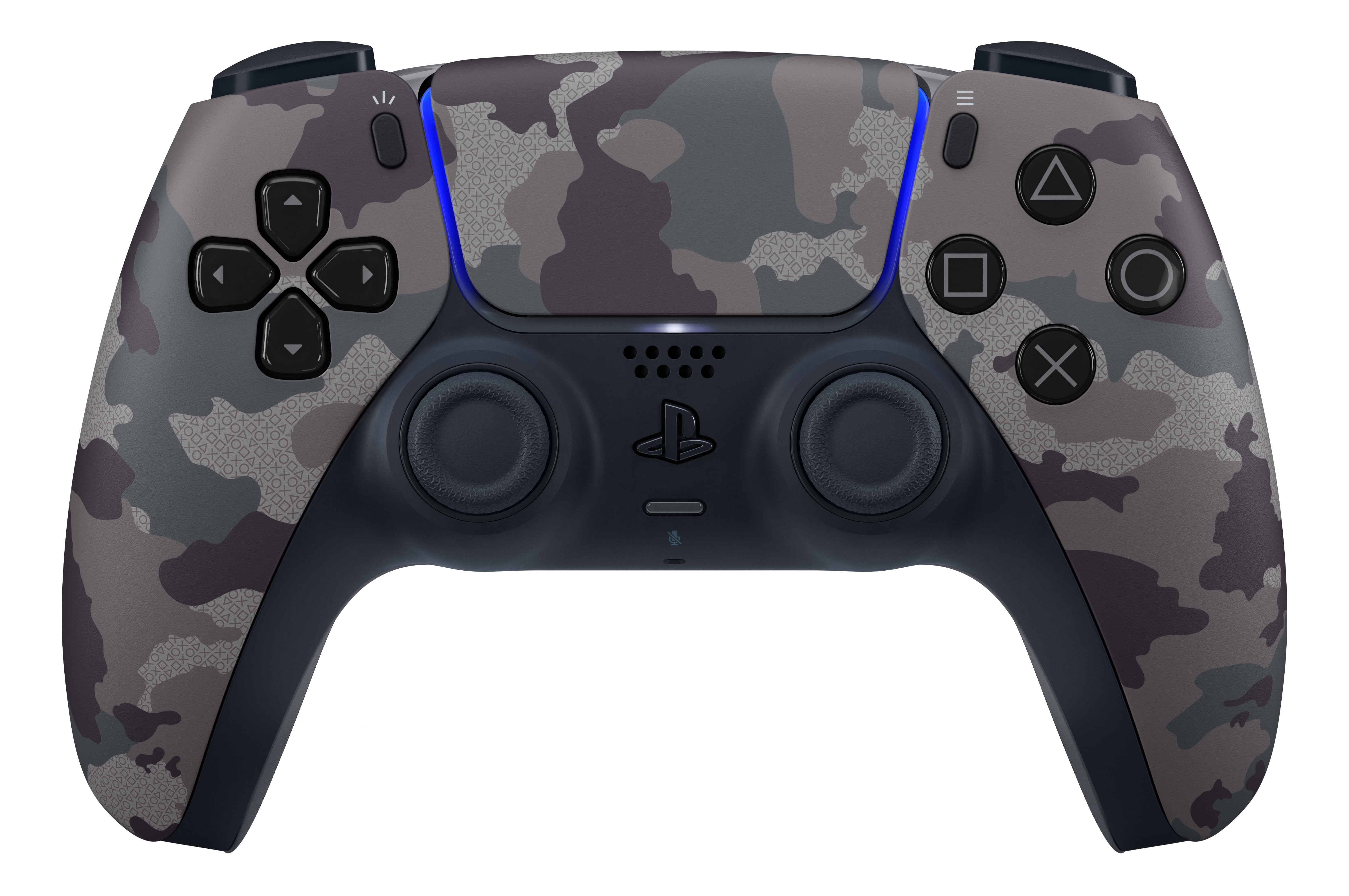 PS5-Controller mit Tarnmuster. Tasten sind sichtbar.