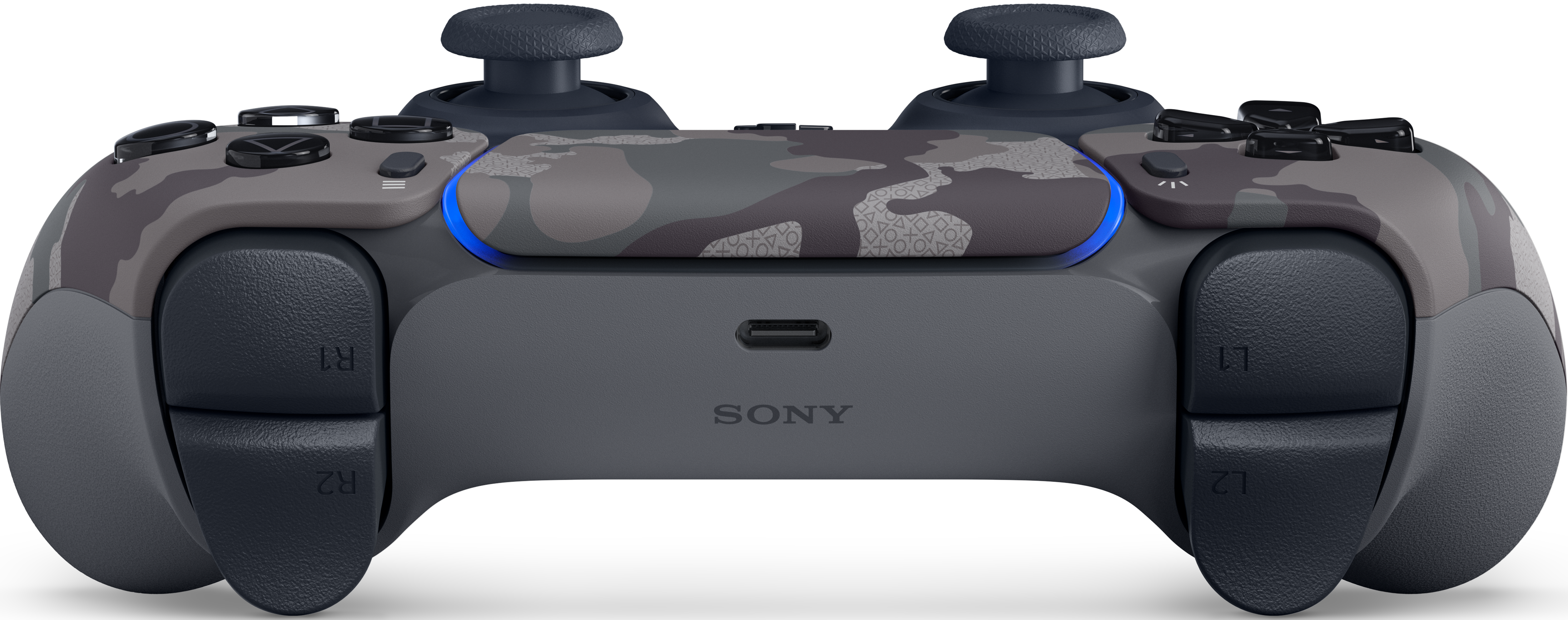 Grau-schwarzer Playstation 5-Controller mit Tarnmuster, Knöpfen und Joysticks.