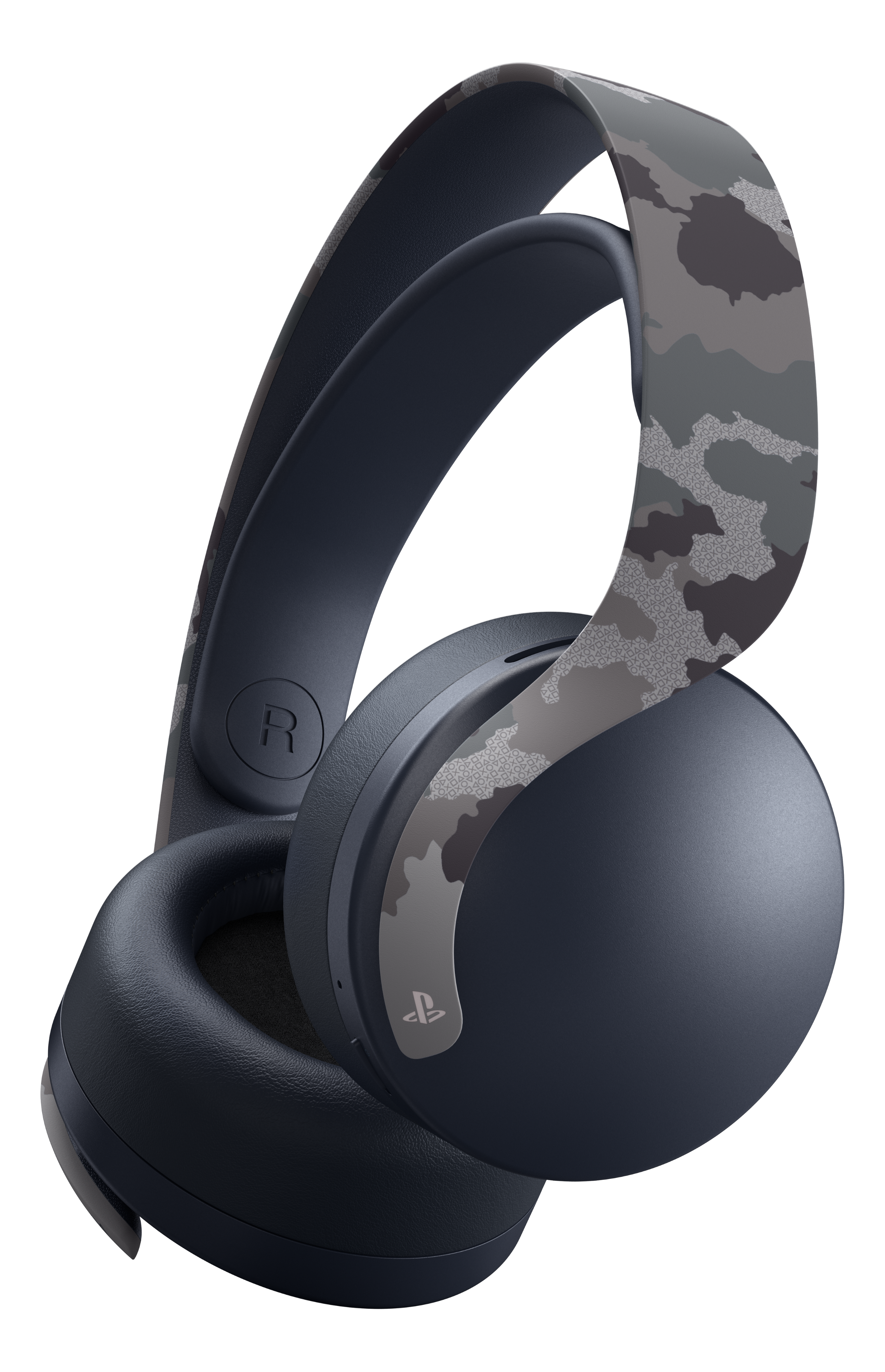 Dunkelblaue Camouflage-Kopfhörer mit Camo-Muster auf dem Bügel und den Ohrmuscheln. Playstation-Logo sichtbar.
