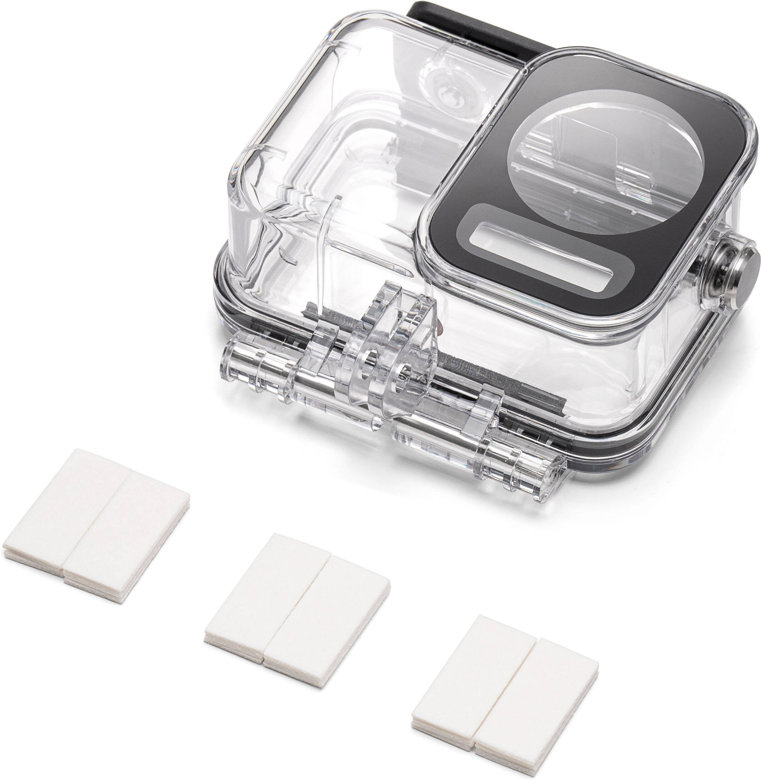 Un boîtier de caméra étanche transparent avec trois tampons absorbants blancs.