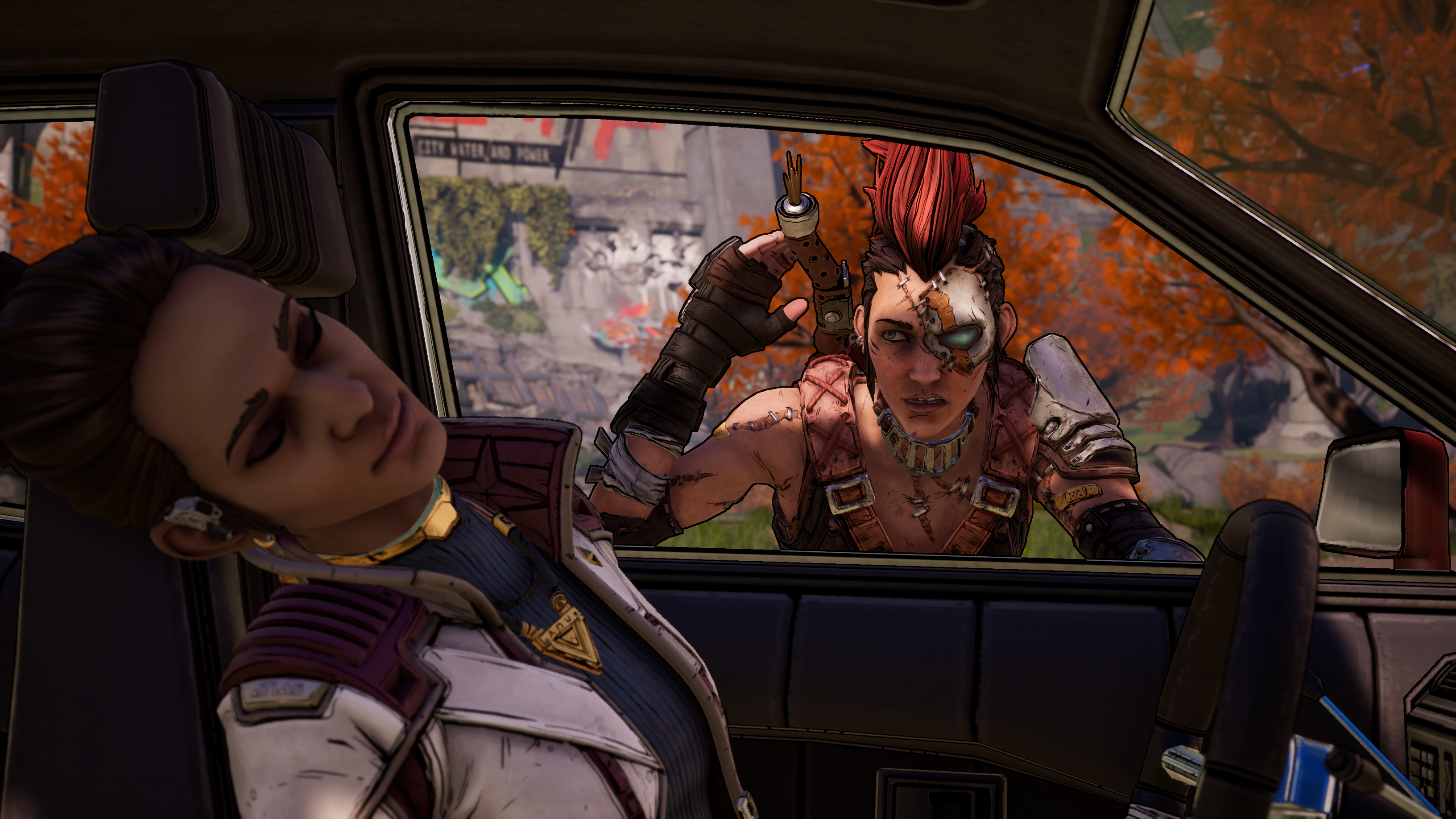 Deux personnages du jeu vidéo Borderlands, un dans une voiture et un autre regardant par la fenêtre.