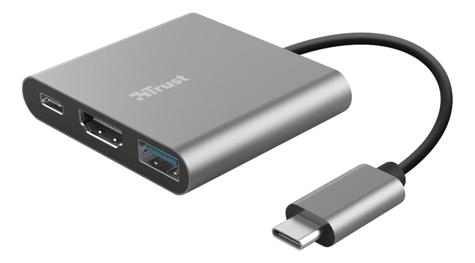 Un hub USB argenté avec divers ports, connecté à un câble USB-C.