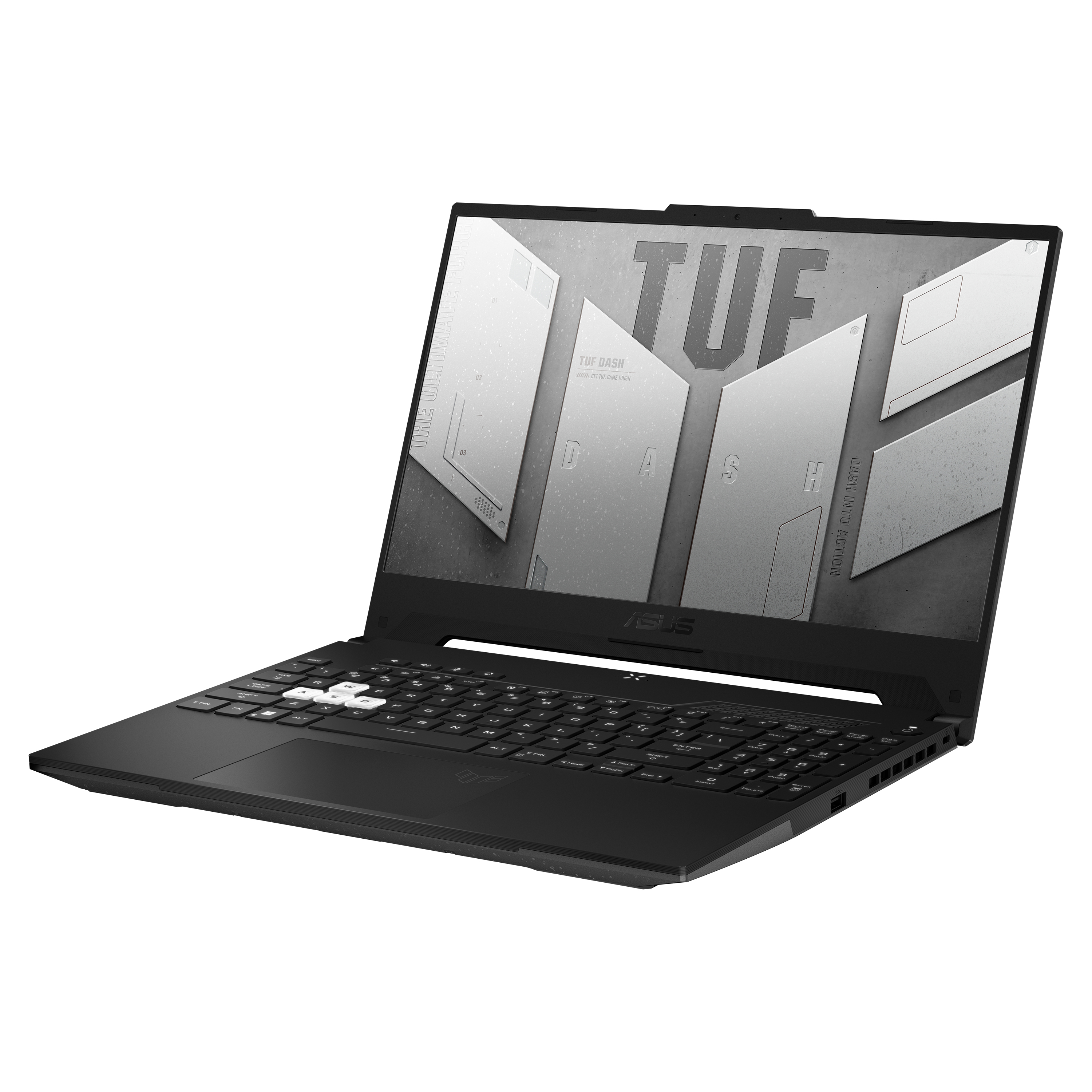 Portátil negro sobre fondo blanco. Pantalla muestra 'TUF DASH'. Teclado y logo ASUS visibles.