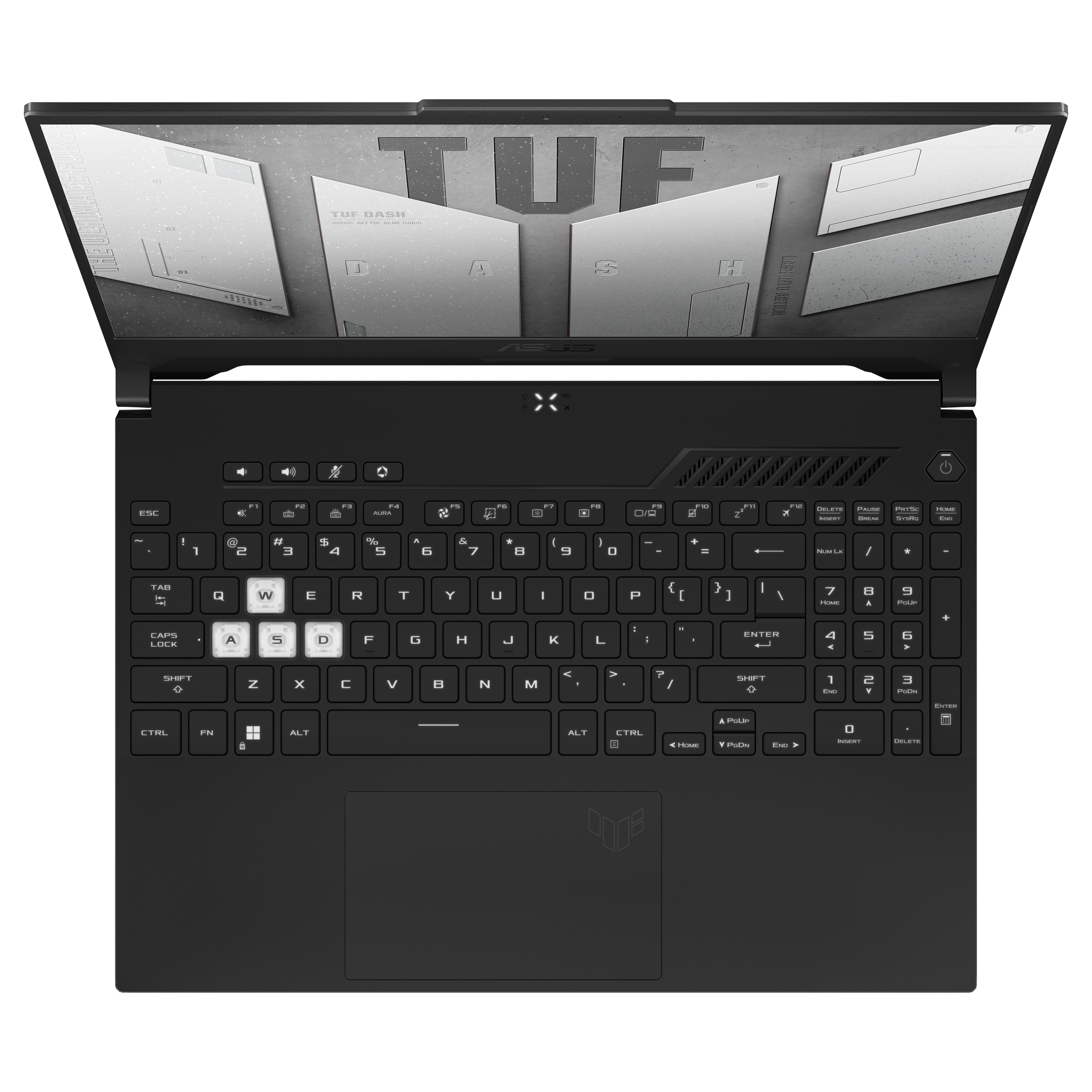 Vista superior de un portátil negro con teclado y pantalla iluminados.