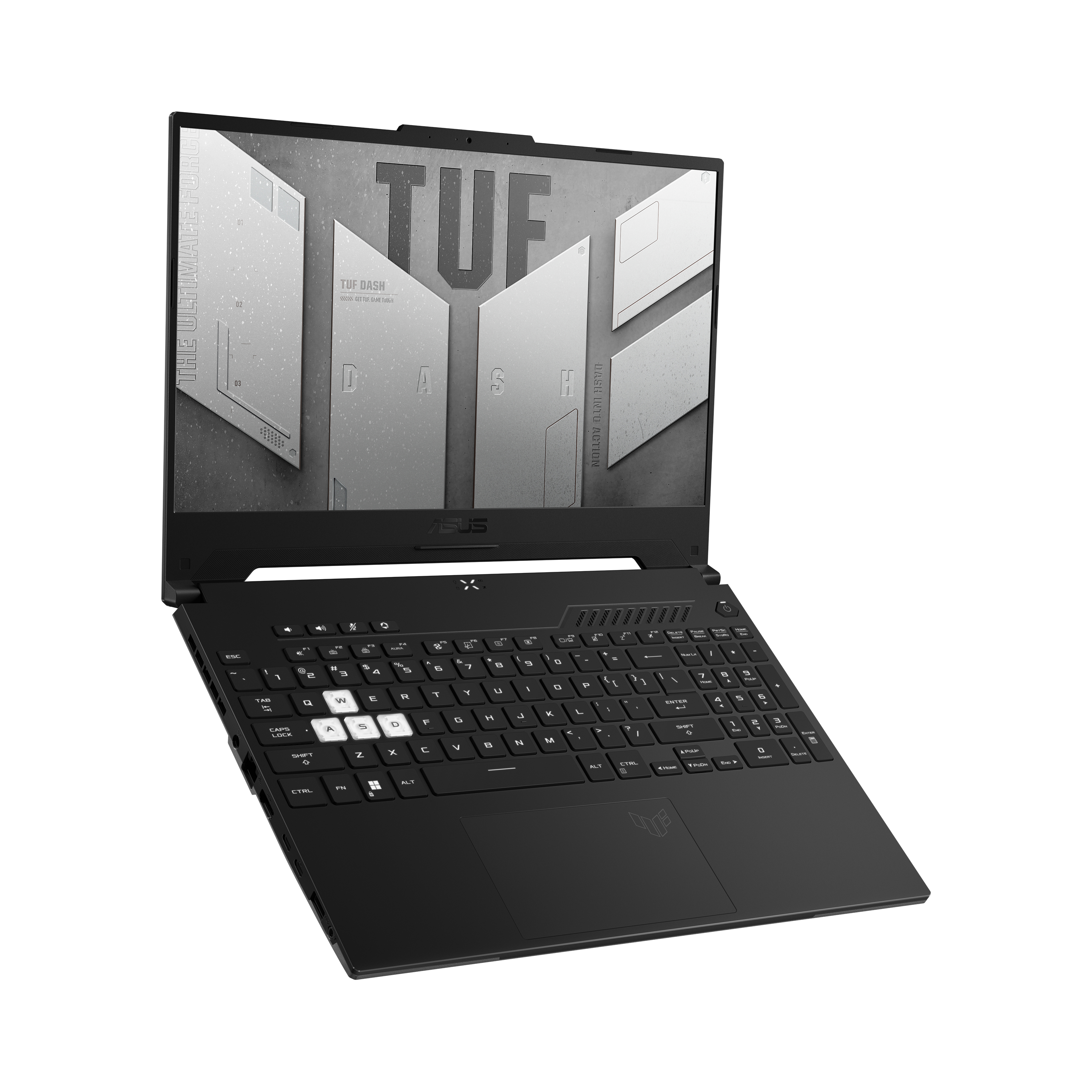 Una laptop Asus TUF negra, abierta, que muestra el teclado y la pantalla.