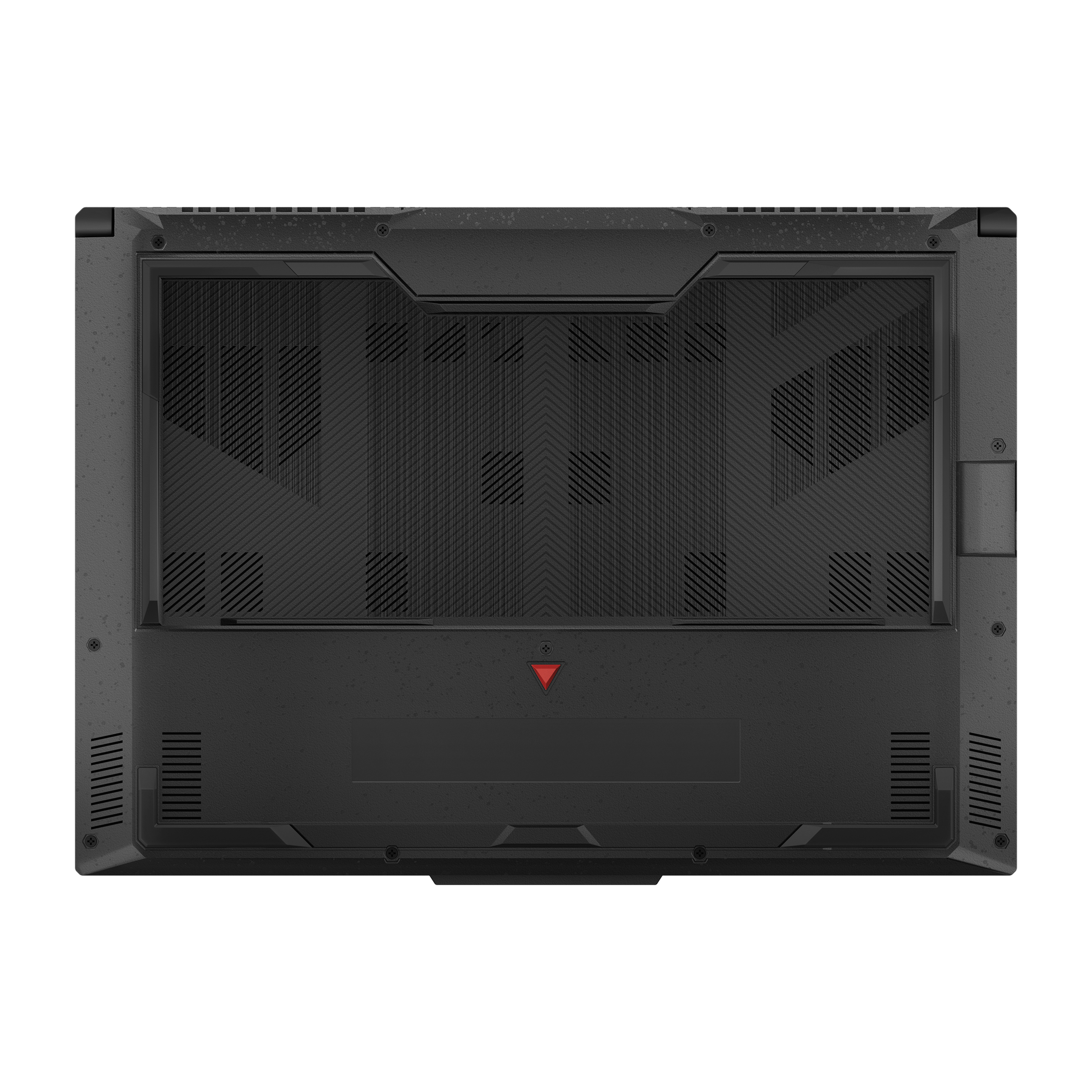 Parte inferior de portátil negro con ranuras de ventilación. Triángulo rojo y líneas presentes.