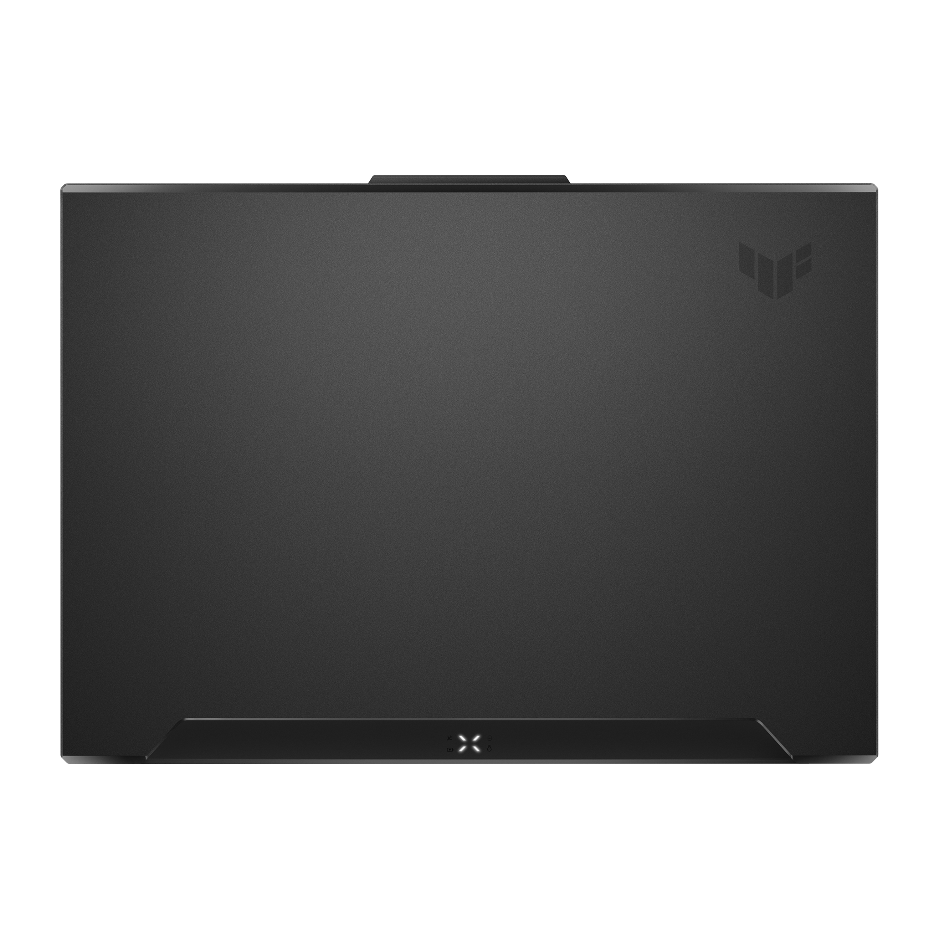 Un portátil negro desde arriba. La tapa está cerrada y tiene el logo ASUS TUF en la esquina superior derecha.