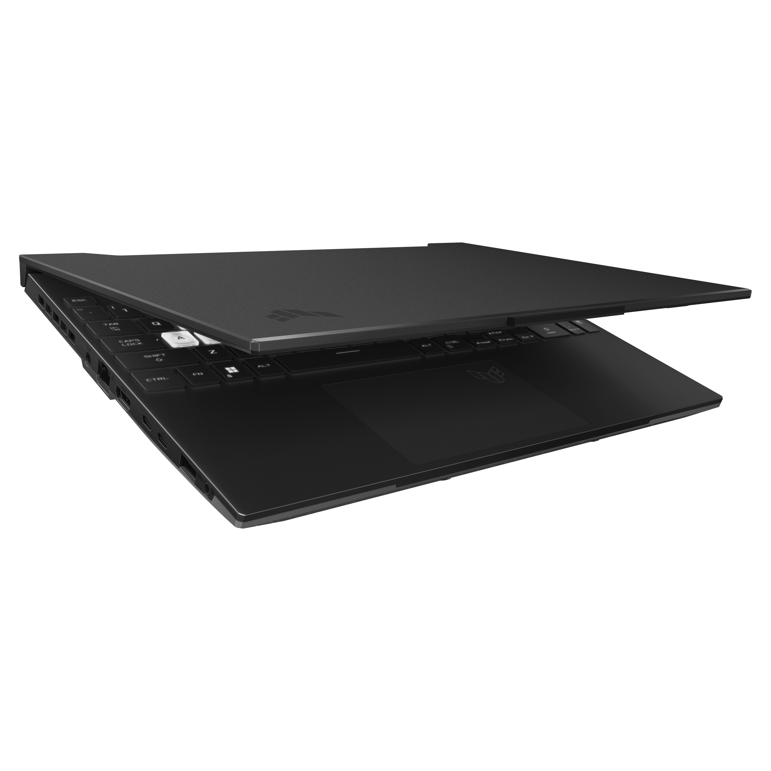 Un portátil negro, parcialmente abierto. El teclado y la pantalla son visibles.