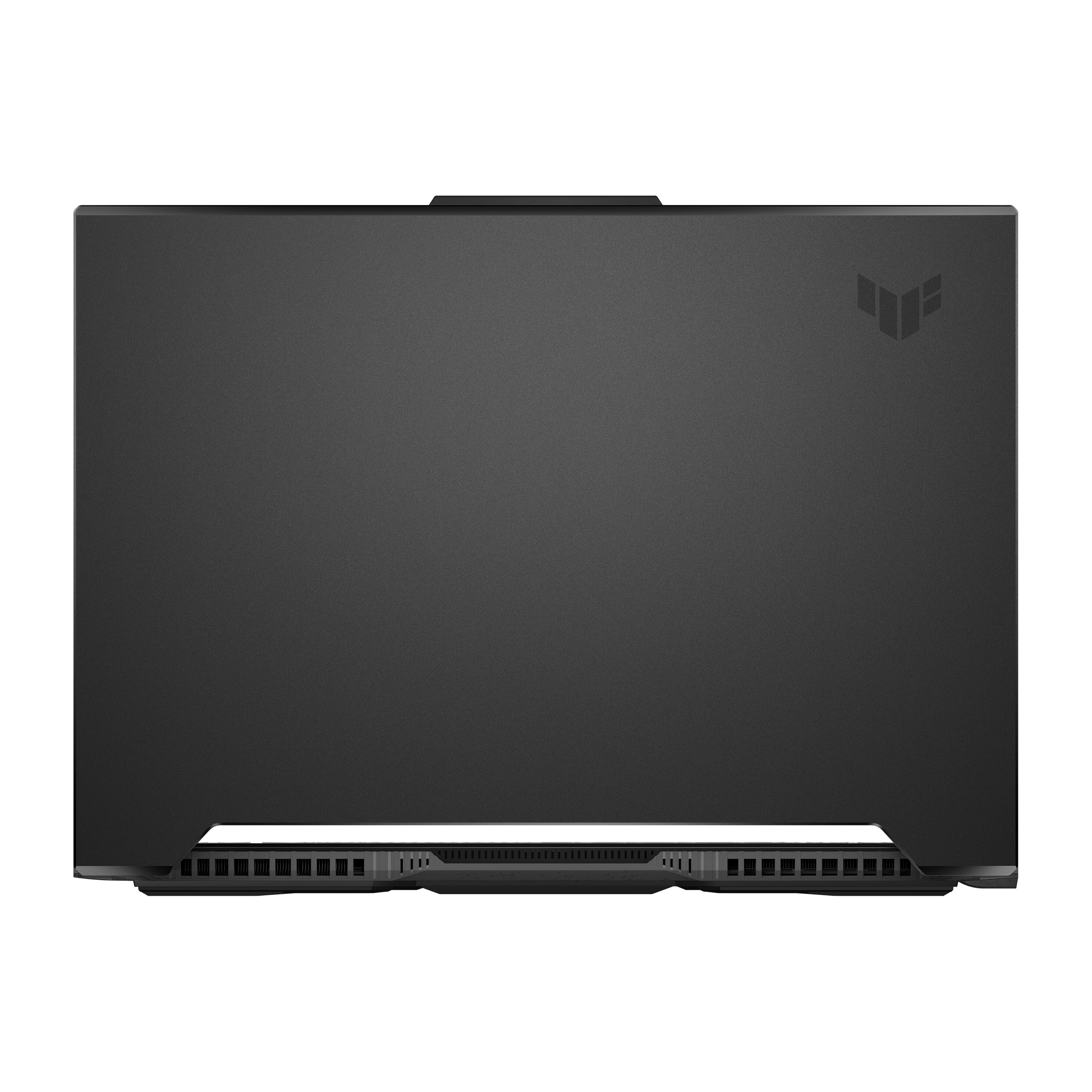 Vista superior de un portátil negro con superficie texturizada y el logotipo TUF en la parte trasera.