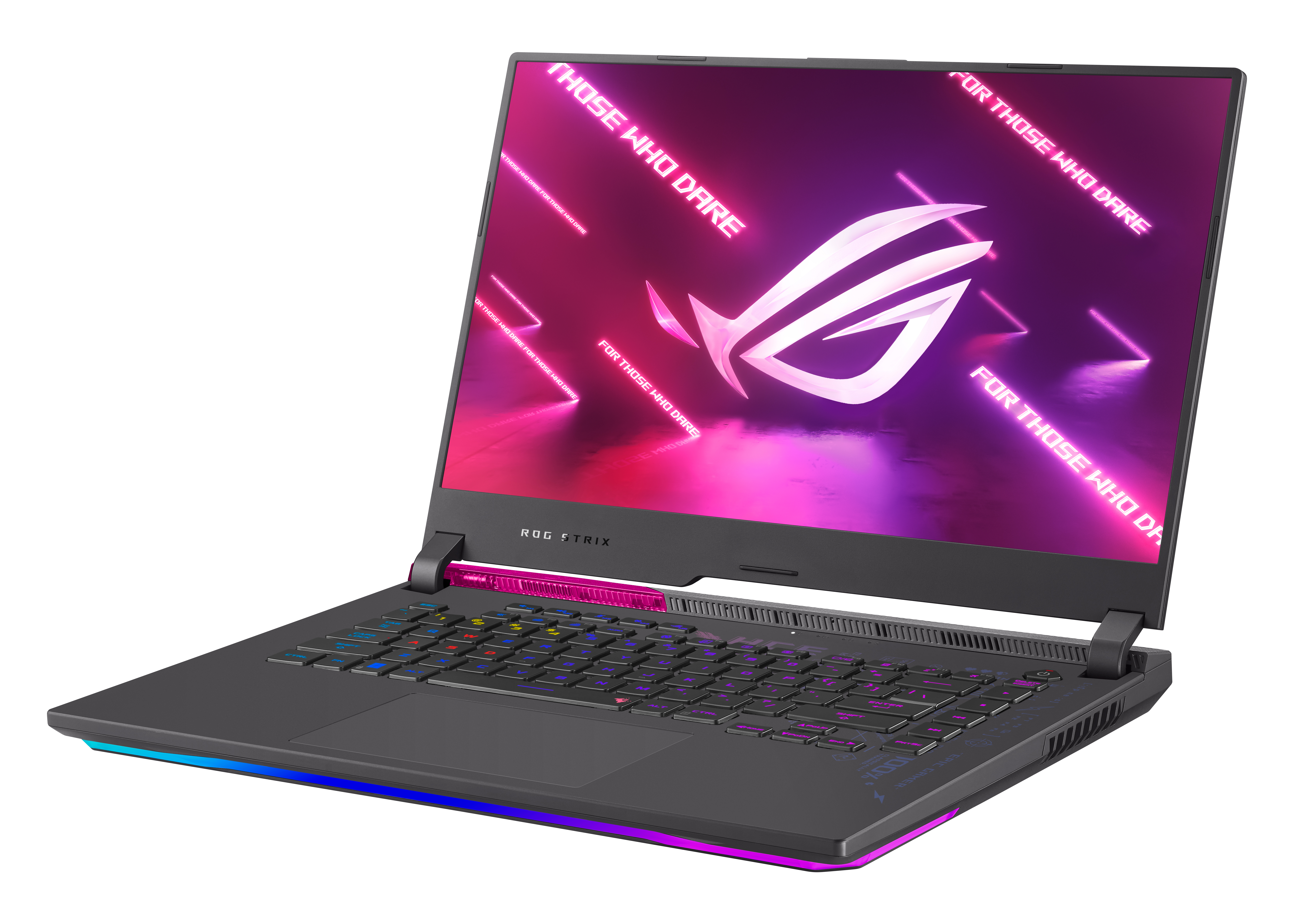 Un portátil negro con pantalla abierta que muestra un gráfico colorido. El teclado es visible.