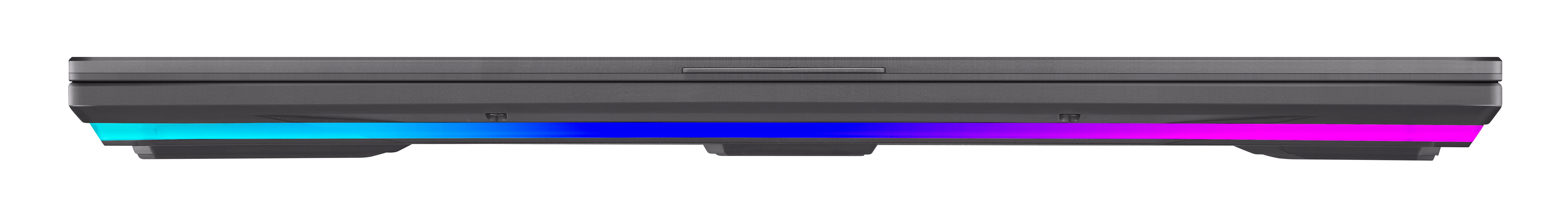 Vista inferior de un portátil con cuerpo negro y una tira LED colorida.