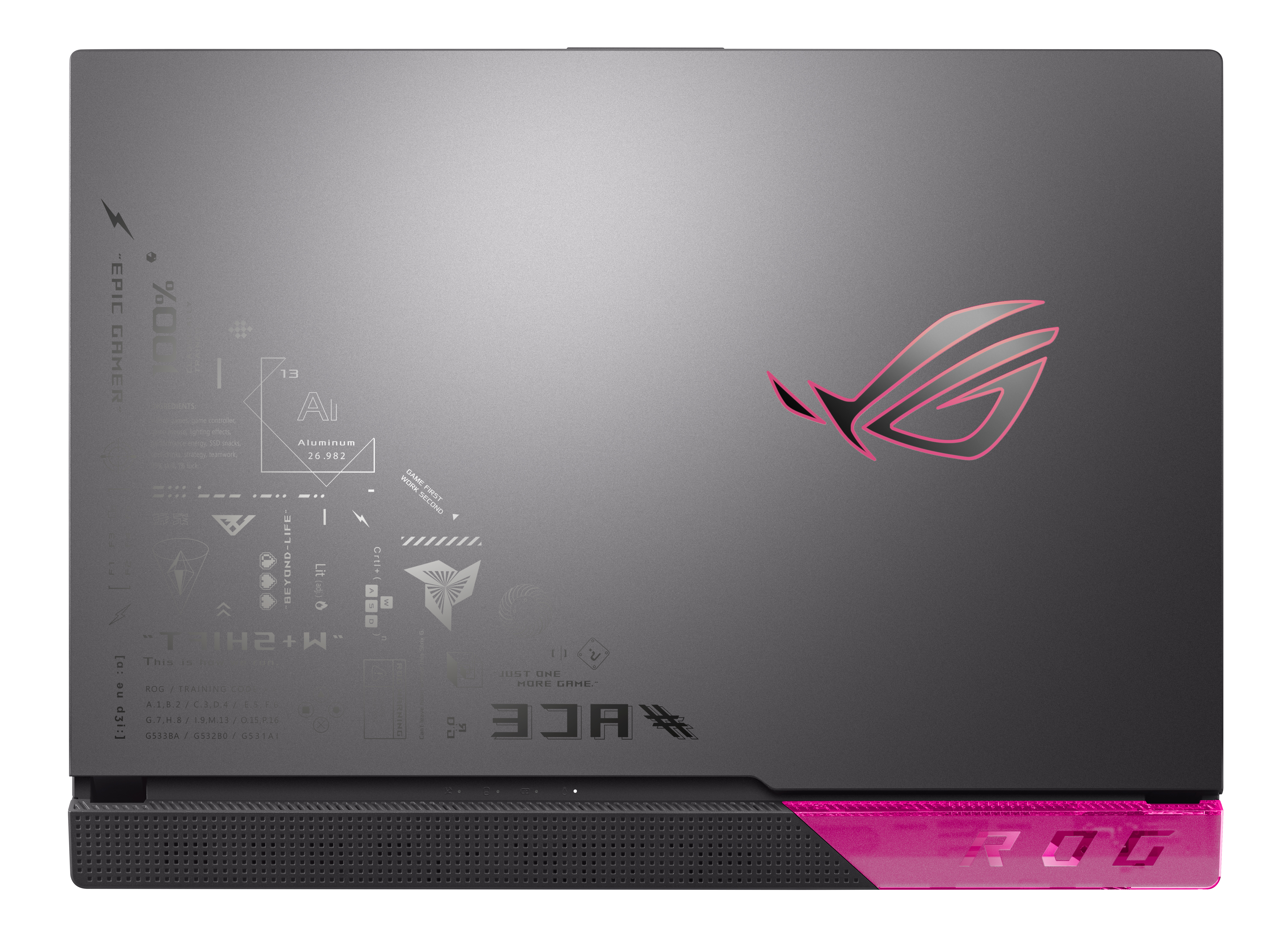 Parte superior de la computadora portátil con diseño y logotipo ROG. Combinación de colores rosa y gris.