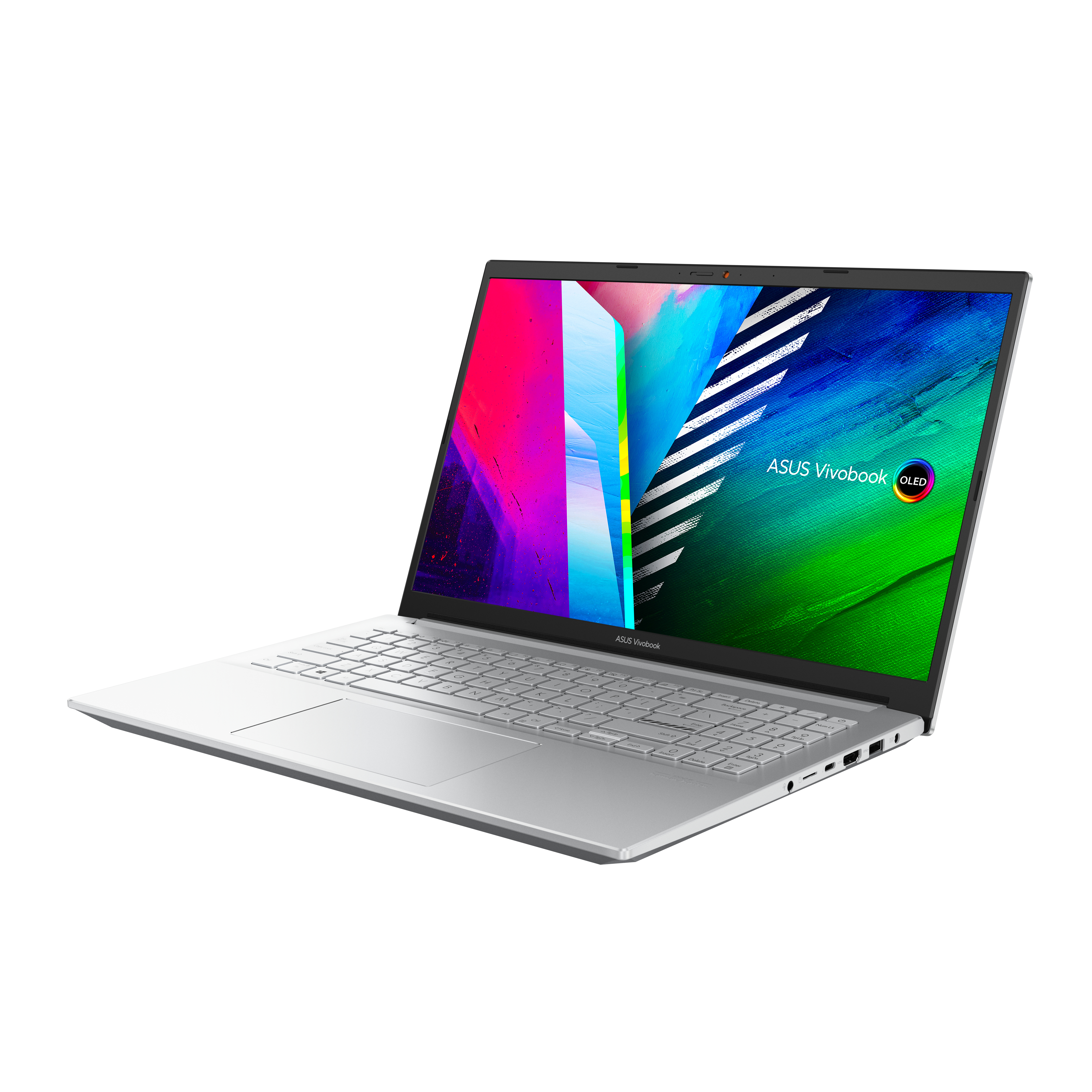 Laptop Asus Vivobook plateado con pantalla colorida.
