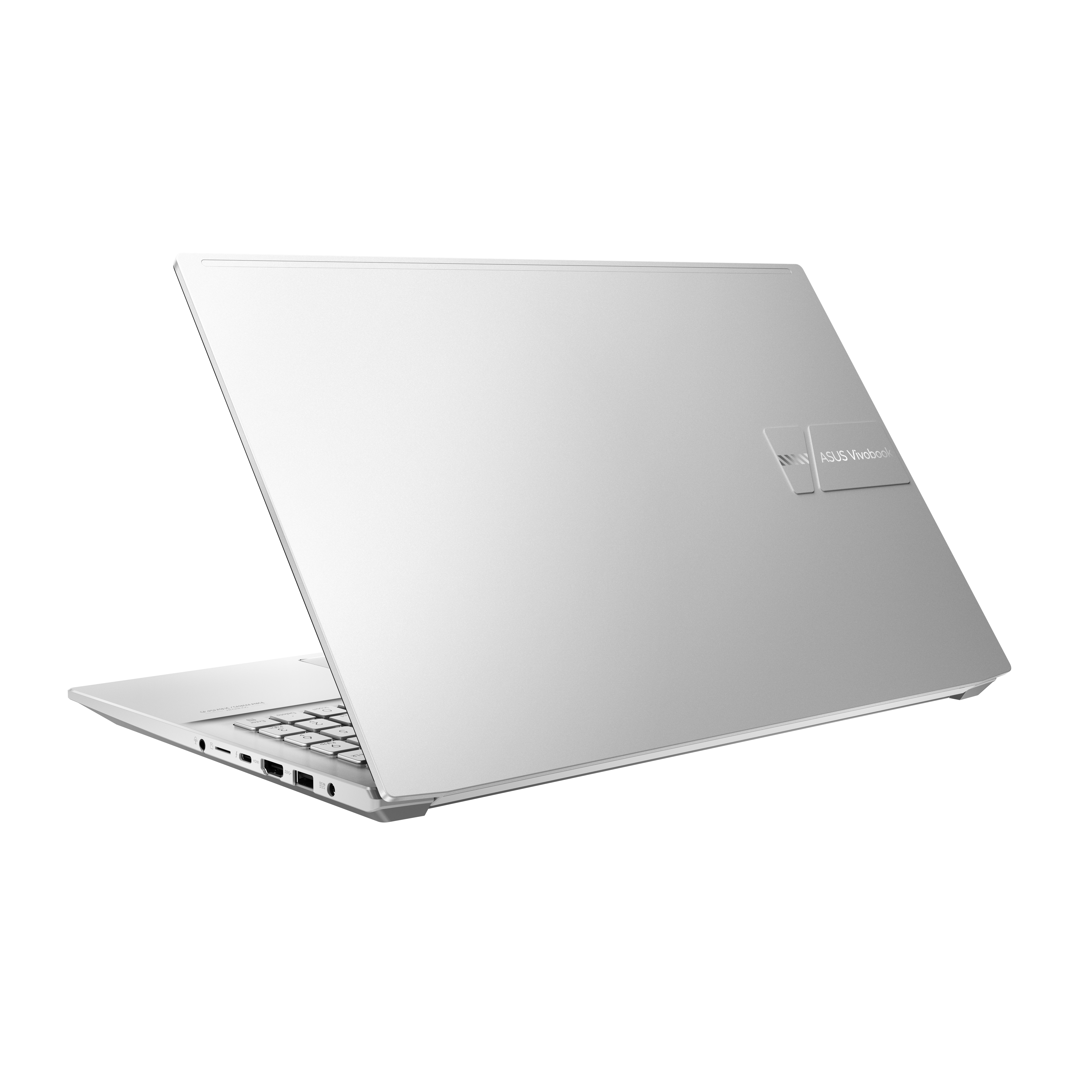 Portátil plateado, vista trasera, parcialmente abierto, con el logotipo de ASUS Vivobook.