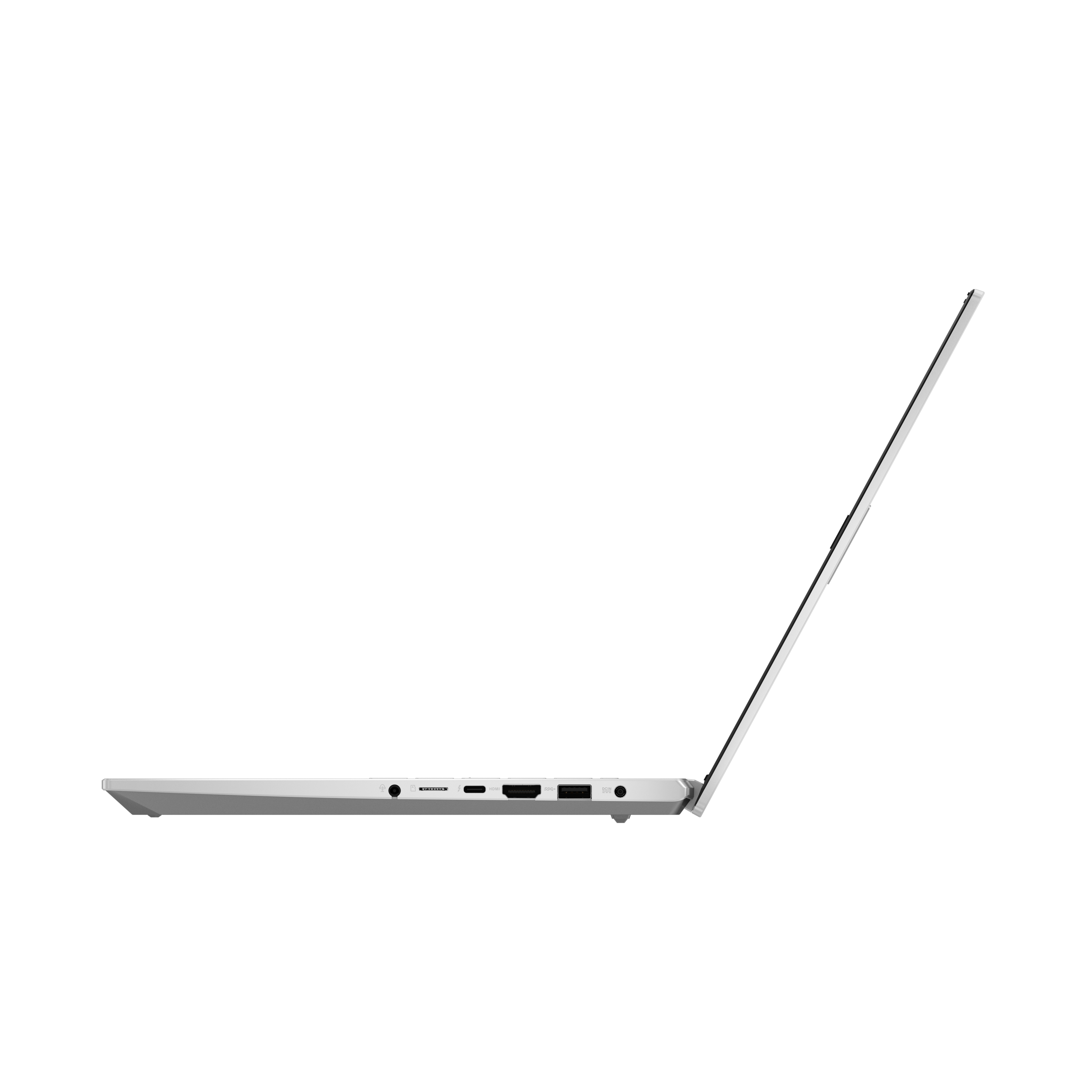 Una computadora portátil plateada está abierta, mostrando su perfil lateral con la pantalla en ángulo.