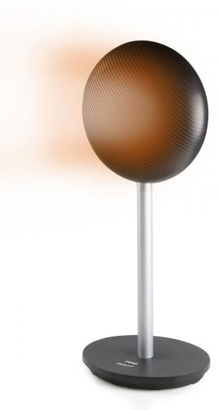 A modern lamp with a spherical head and a cylindrical stand on a circular base, white background.