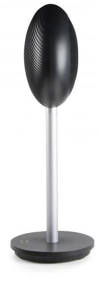 Black oval speaker on a silver stand and base. White background. Isolated and centered.