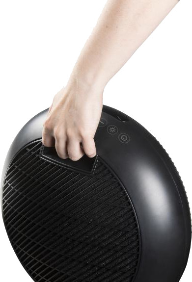A hand holding a black fan. The hand is positioned near the top of the fan.