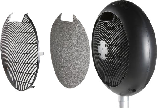 Black fan with detached parts: front cover, filter, and fan body. White background.