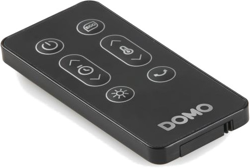 A black remote control with several buttons, including power, temperature, and mode selection.