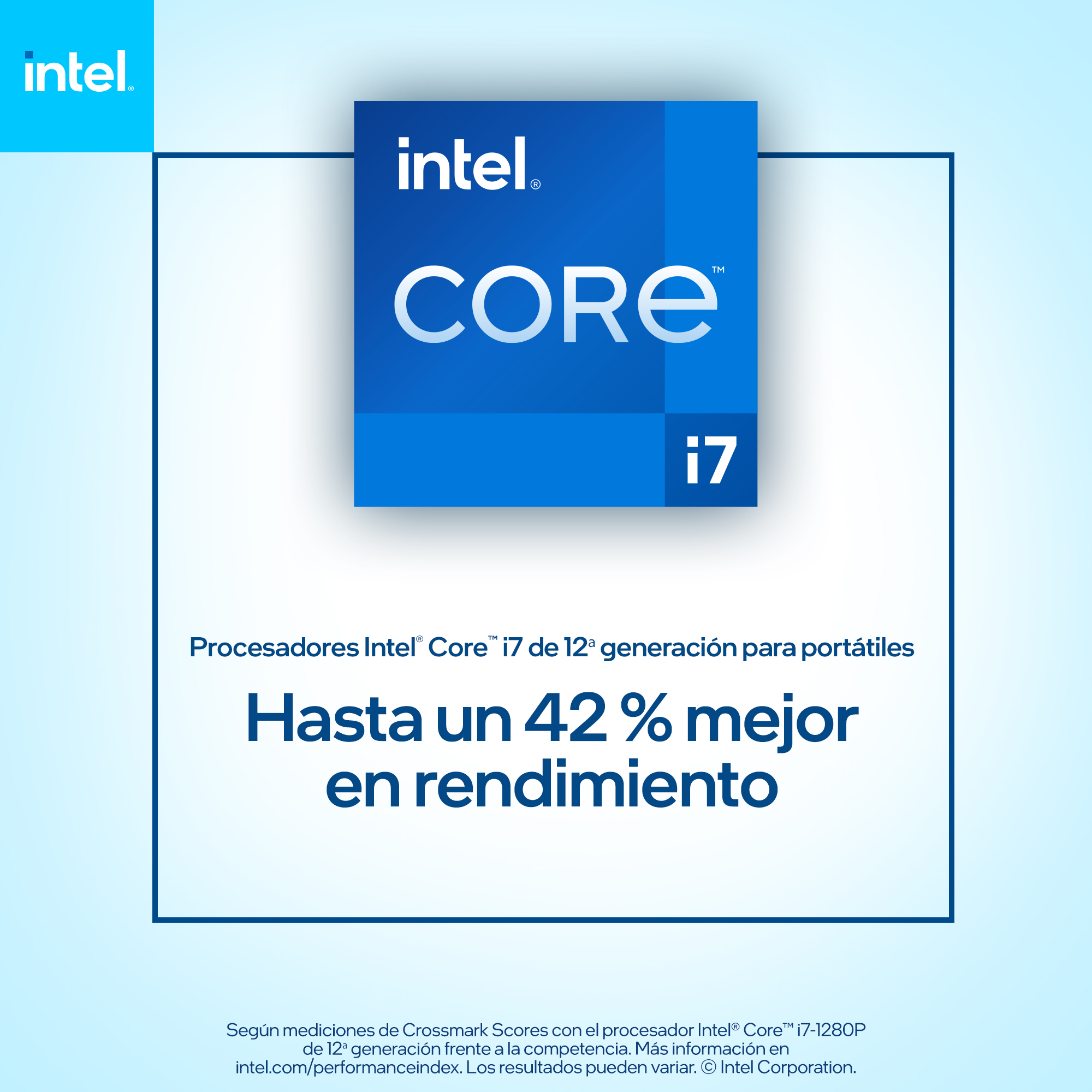Un logotipo Intel Core i7 sobre un fondo azul. El texto debajo indica las ganancias de rendimiento.