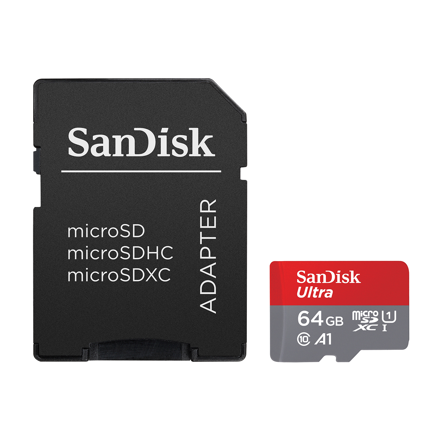 Scheda microSD e adattatore SanDisk. Adattatore nero, scheda rossa e grigia.