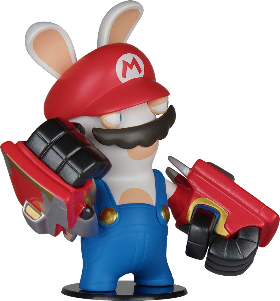Mario-ihletésű Rabbid figura kék kertésznadrágban és piros sapkában, fegyvereket tart.