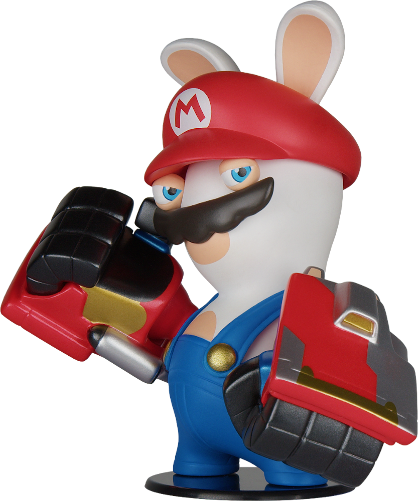 Mario jelmezbe öltözött Rabbid figura, piros karvédőkkel és kék kantáros nadrággal.
