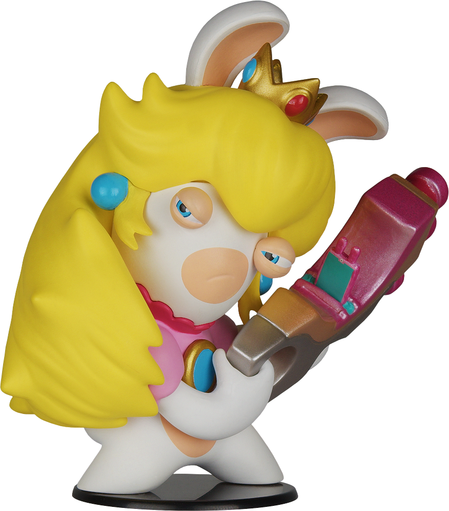 Egy Rabbid Peach figura, fegyverrel, koronával és nyuszifüllel.
