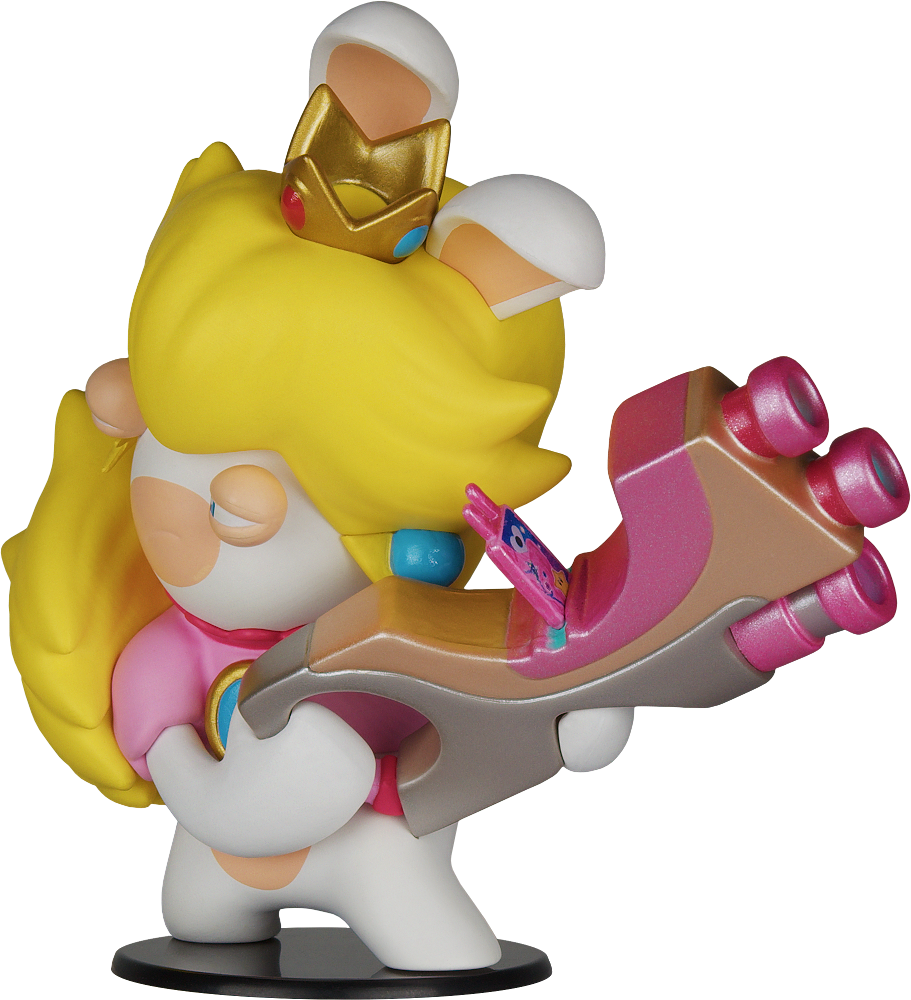 Rabbid Peach figura egy fegyverszerű eszközzel, rózsaszín és ezüst színvilággal.