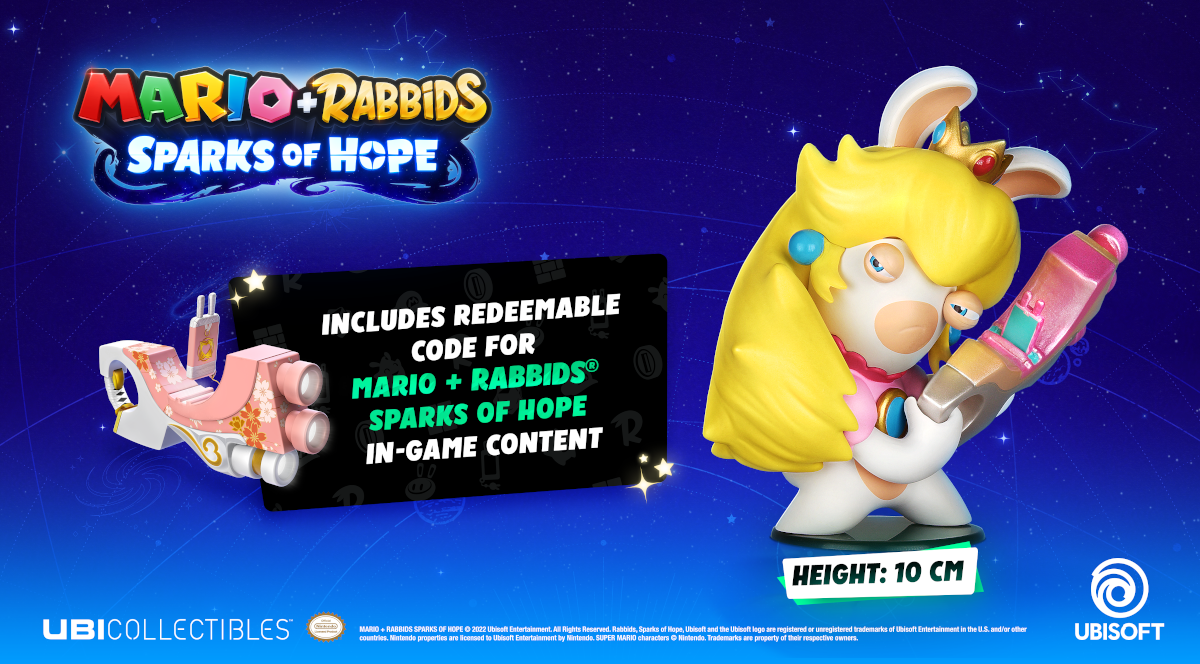 Mario + Rabbids Sparks of Hope gyűjthető, Rabbid Peach-et ábrázolja fegyverrel.