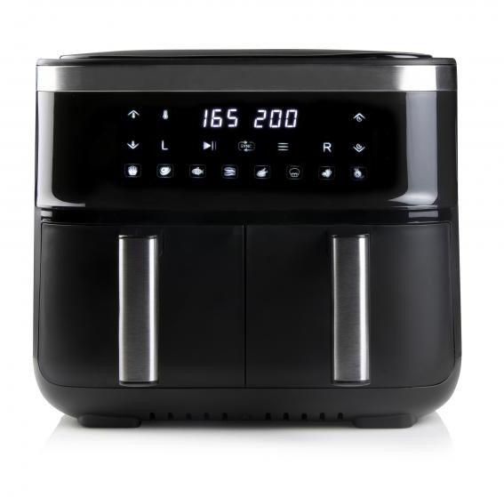 A black air fryer with a digital display, showing temperature and cooking time.