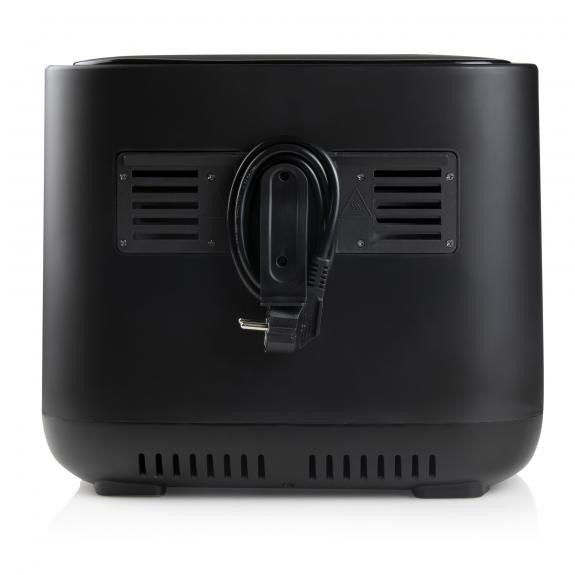 The back of a black air fryer, showing vents, a power cord, and a plug.