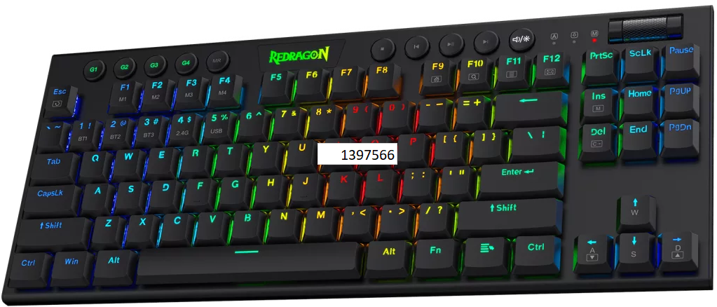 Fekete billentyűzet többszínű gombokkal, a Redragon logó látható.