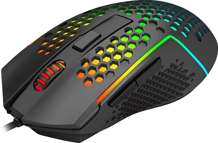 Fekete gamer egér méhsejt-kialakítással és RGB világítással. Az egéren gombok és görgő található.