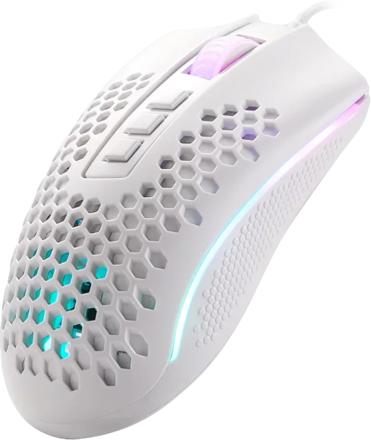 Egy fehér gamer egér méhsejtmintával. Gombokkal és RGB világítással rendelkezik.