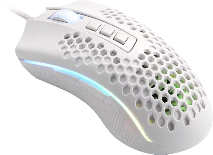 Fehér gamer egér méhsejt kialakítással, RGB világítással és gombokkal a tetején.