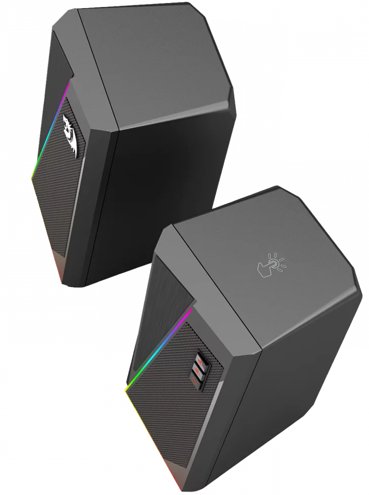Két fekete Redragon számítógépes hangszóró RGB világítással, fekete háttéren.