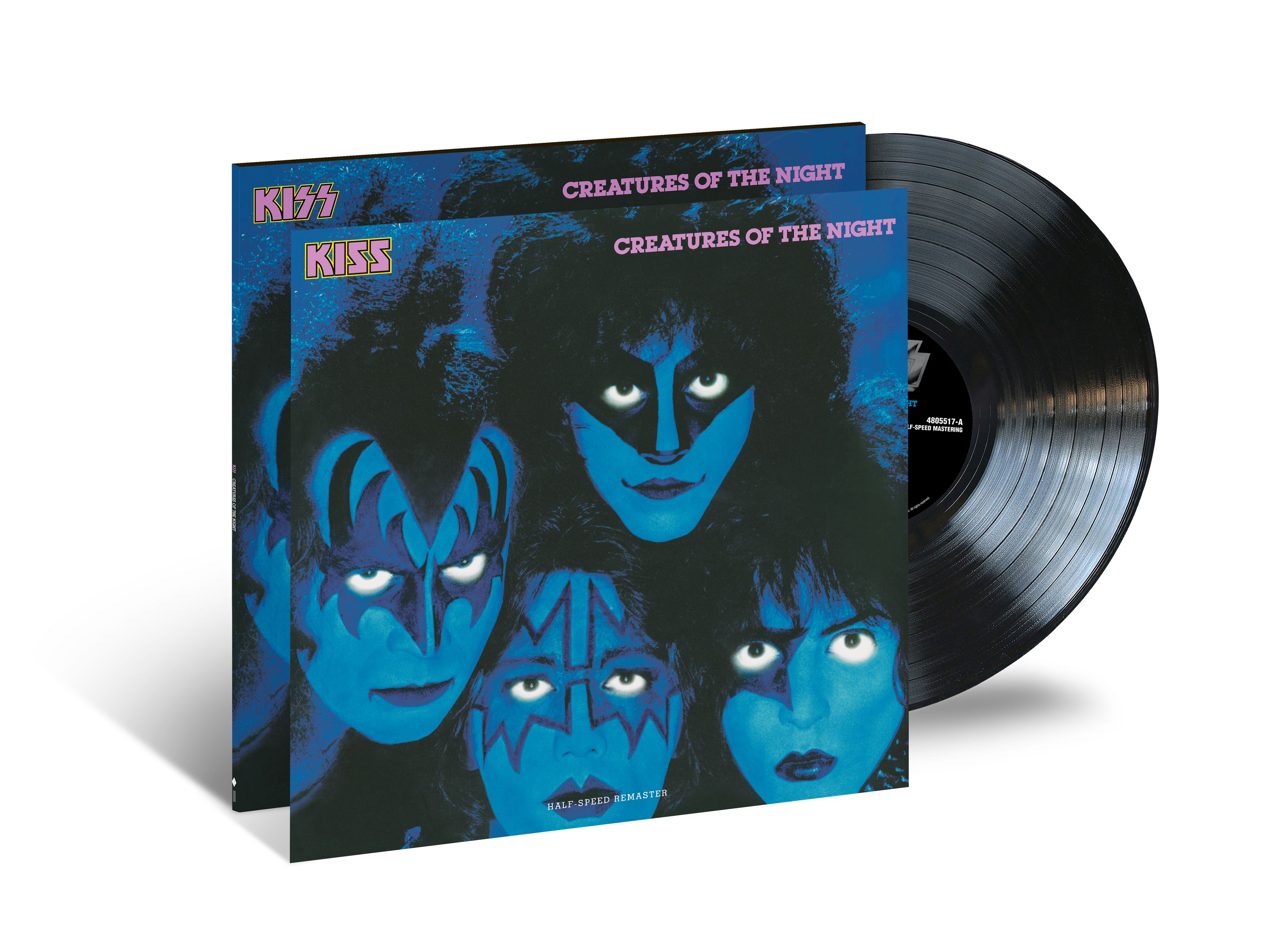 Kiss 'Creatures of the Night' Albumcover. Bandmitglieder in Make-up mit schwarzer Vinylplatte.