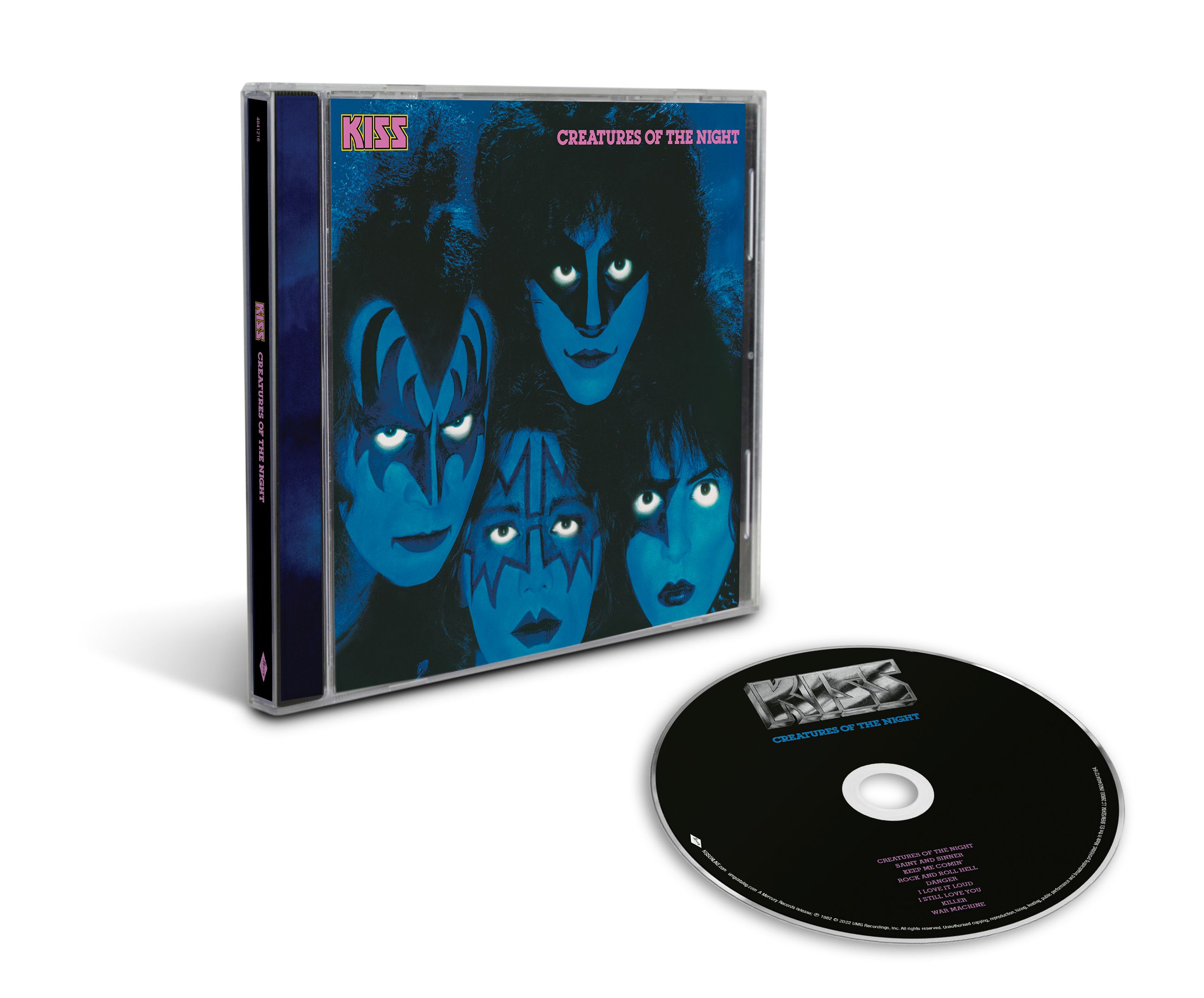 Das Albumcover und die CD von KISS's 'Creatures of the Night'. Die Bandmitglieder sind geschminkt.