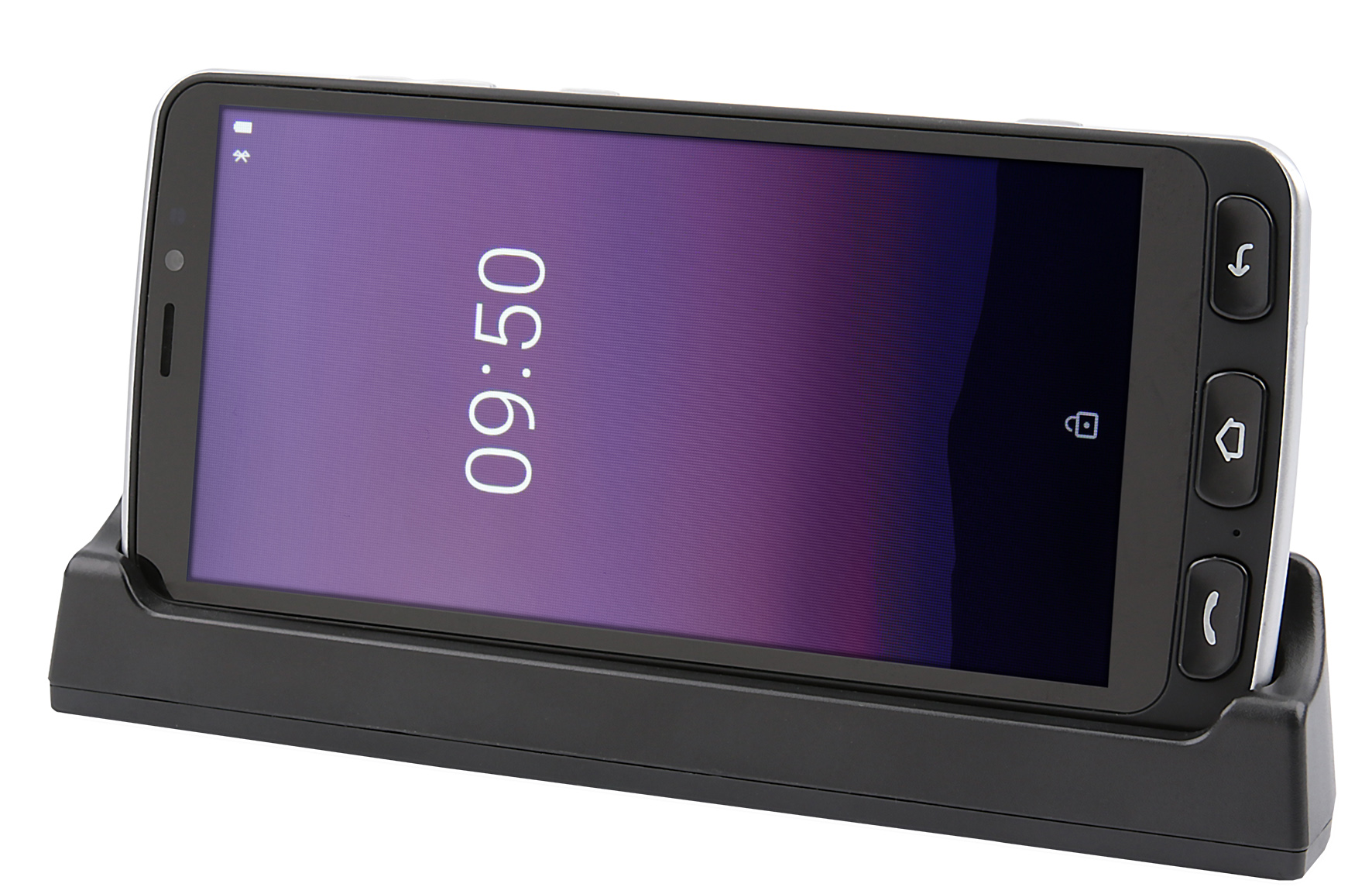 Ein Smartphone in einer Ladestation. Der Bildschirm zeigt die Uhrzeit an.
