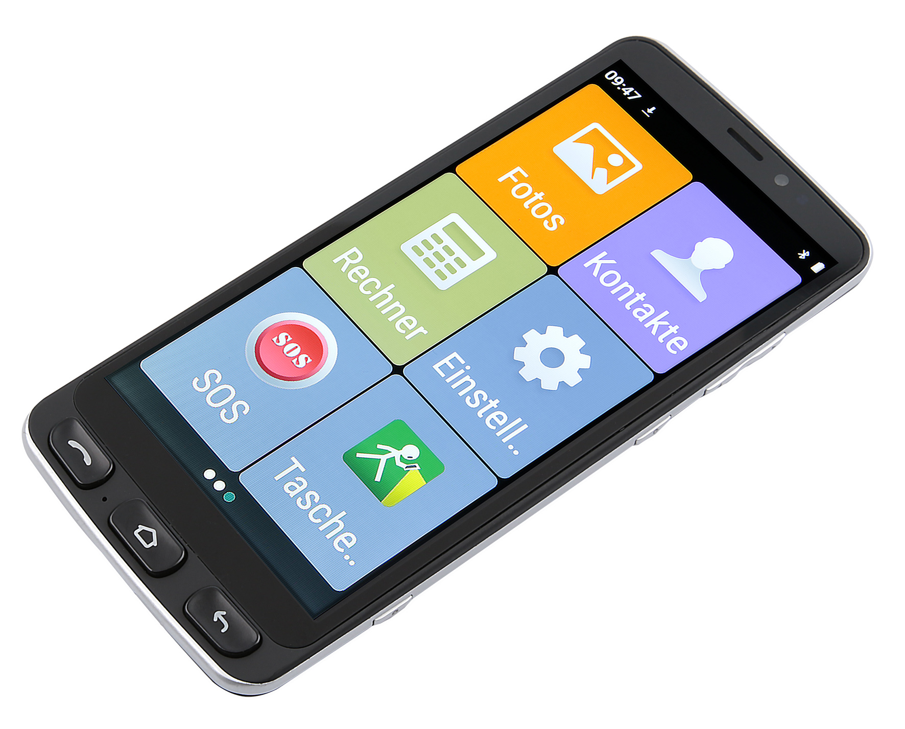 Ein Touchscreen-Smartphone mit großen Symbolen für Barrierefreiheit, zeigt App-Symbole.