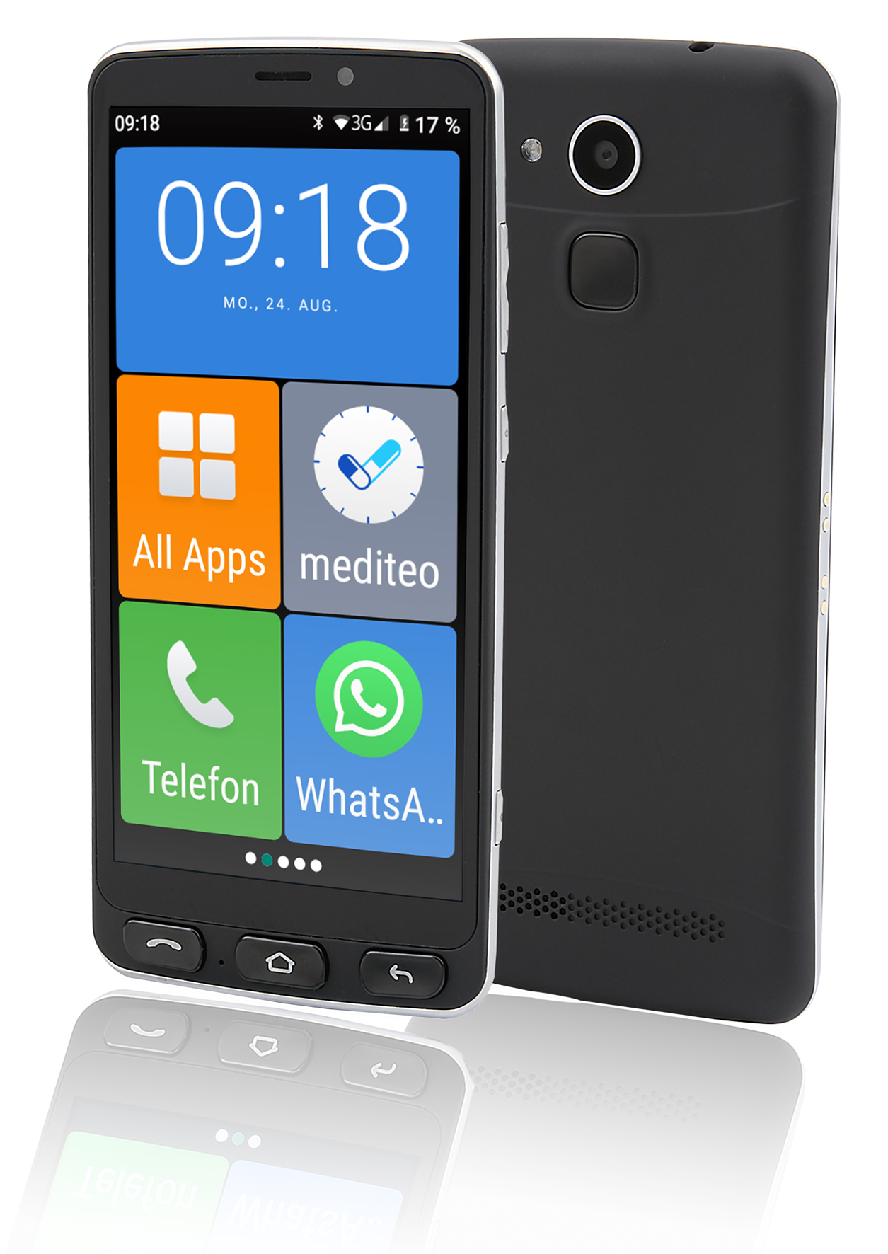 Ein schwarzes Telefon mit großem Bildschirm, zwei Symbolen und Spiegelung.