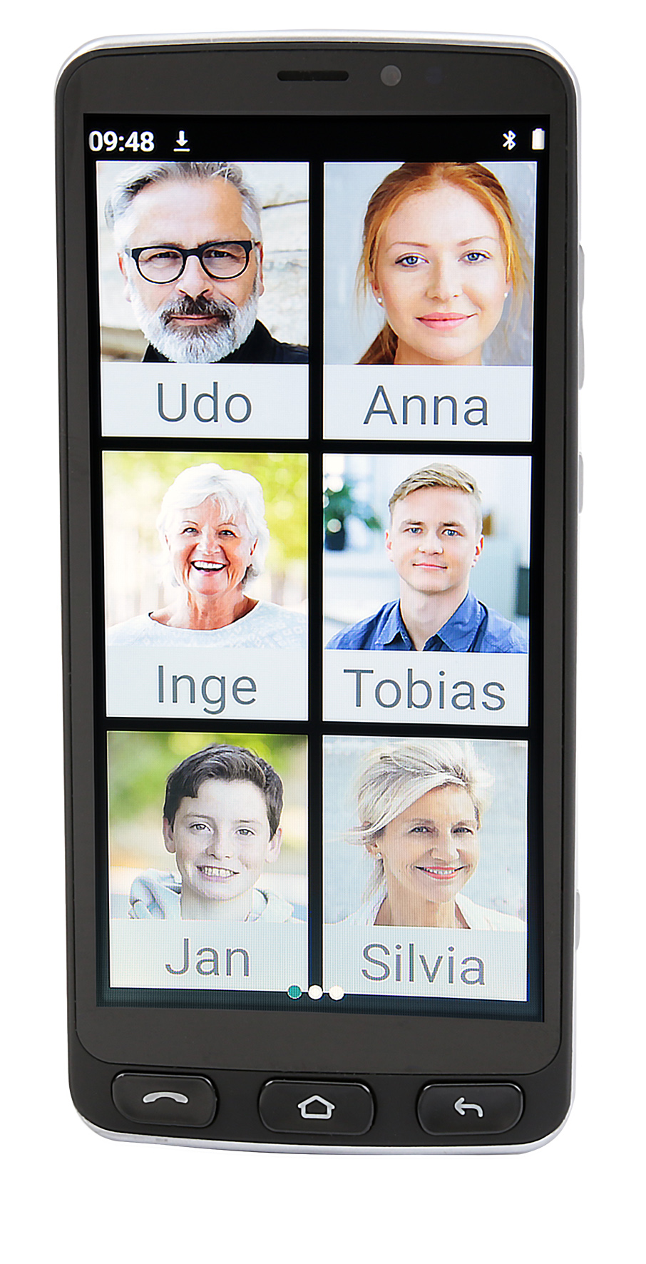 Smartphone-Bildschirm, der Gesichter von Personen zeigt. Weißer Hintergrund.
