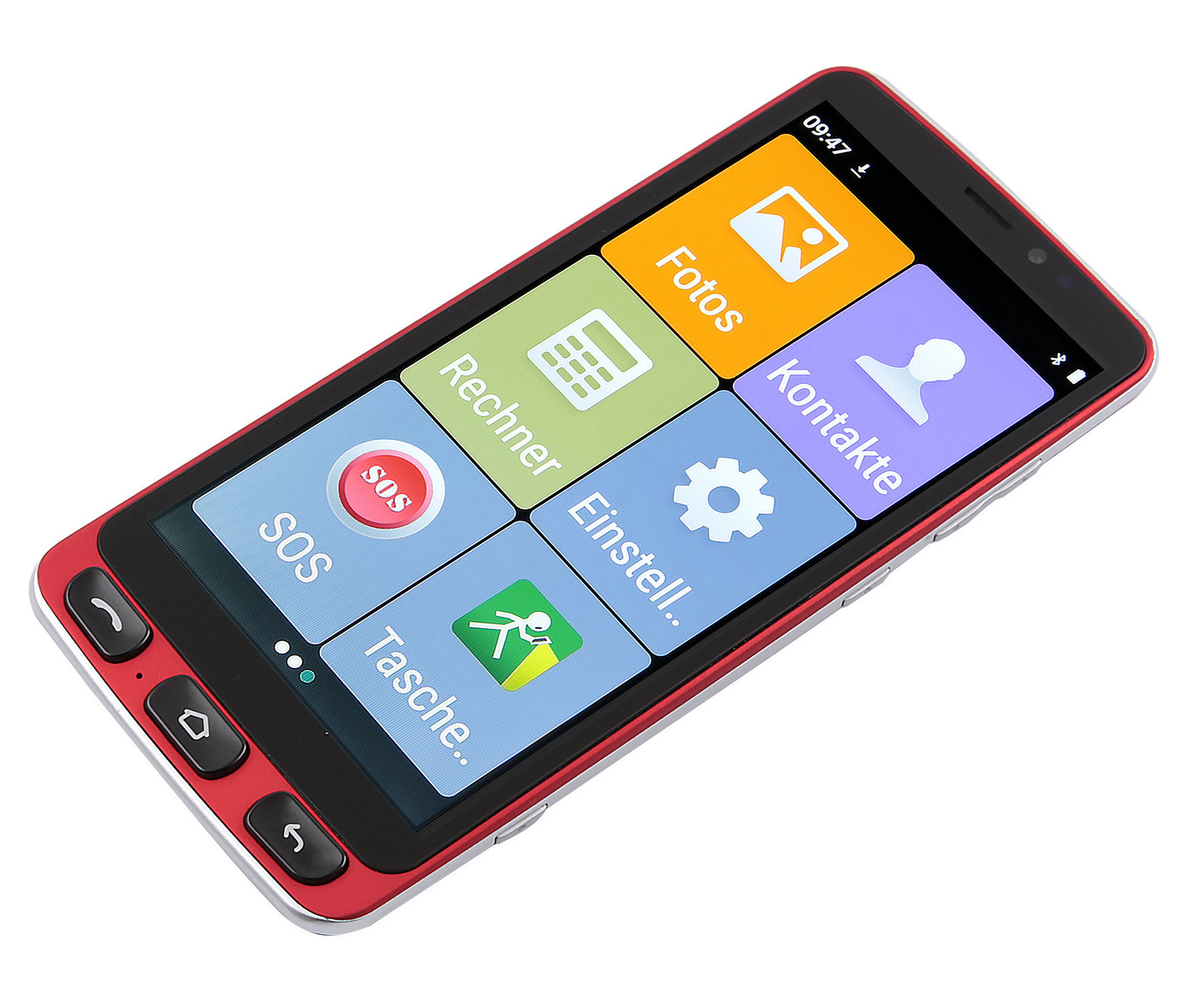 Ein rotes Smartphone mit großem Bildschirm, der Symbole für verschiedene Apps anzeigt.