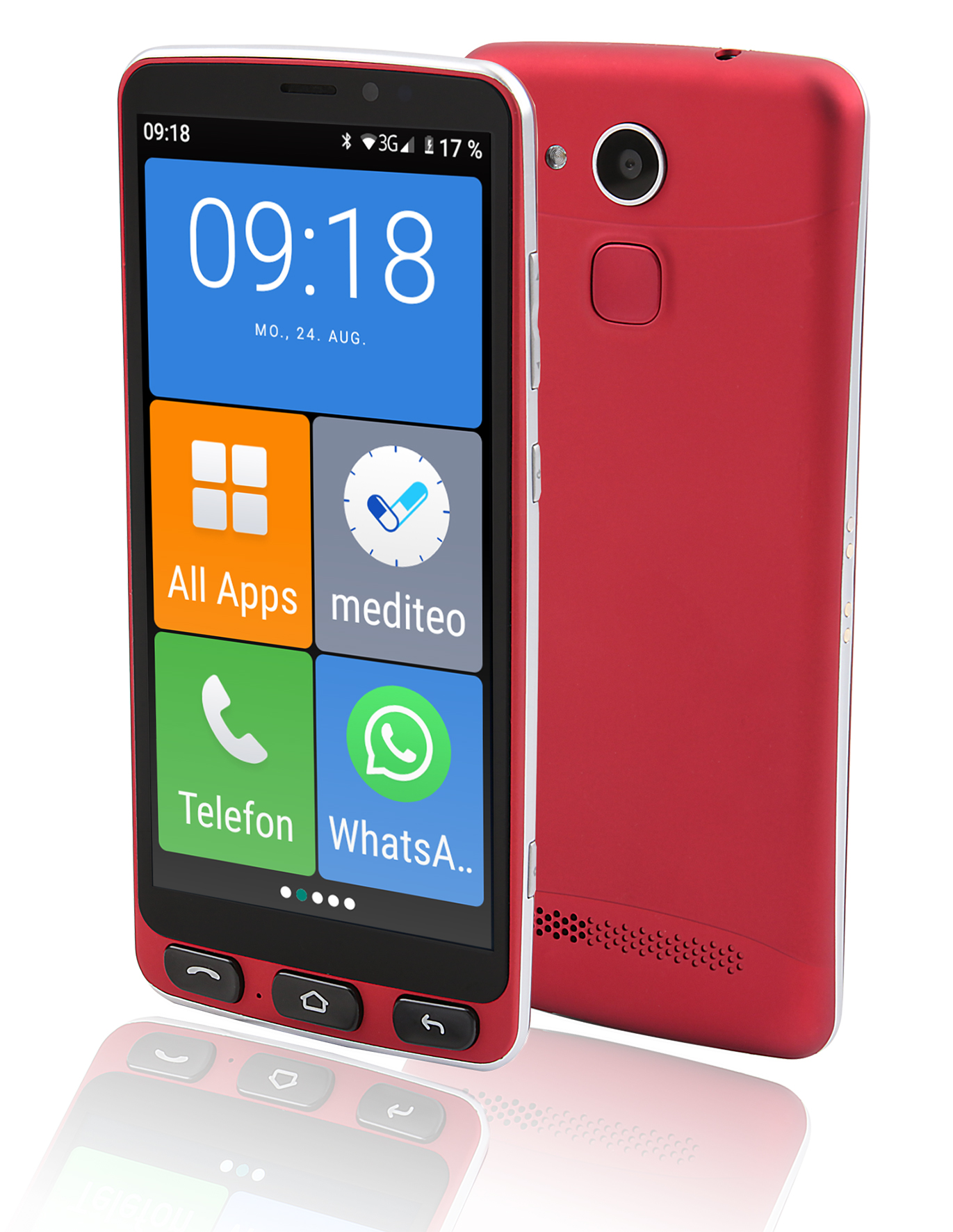 Rotes Smartphone mit Touchscreen, der App-Symbole zeigt.